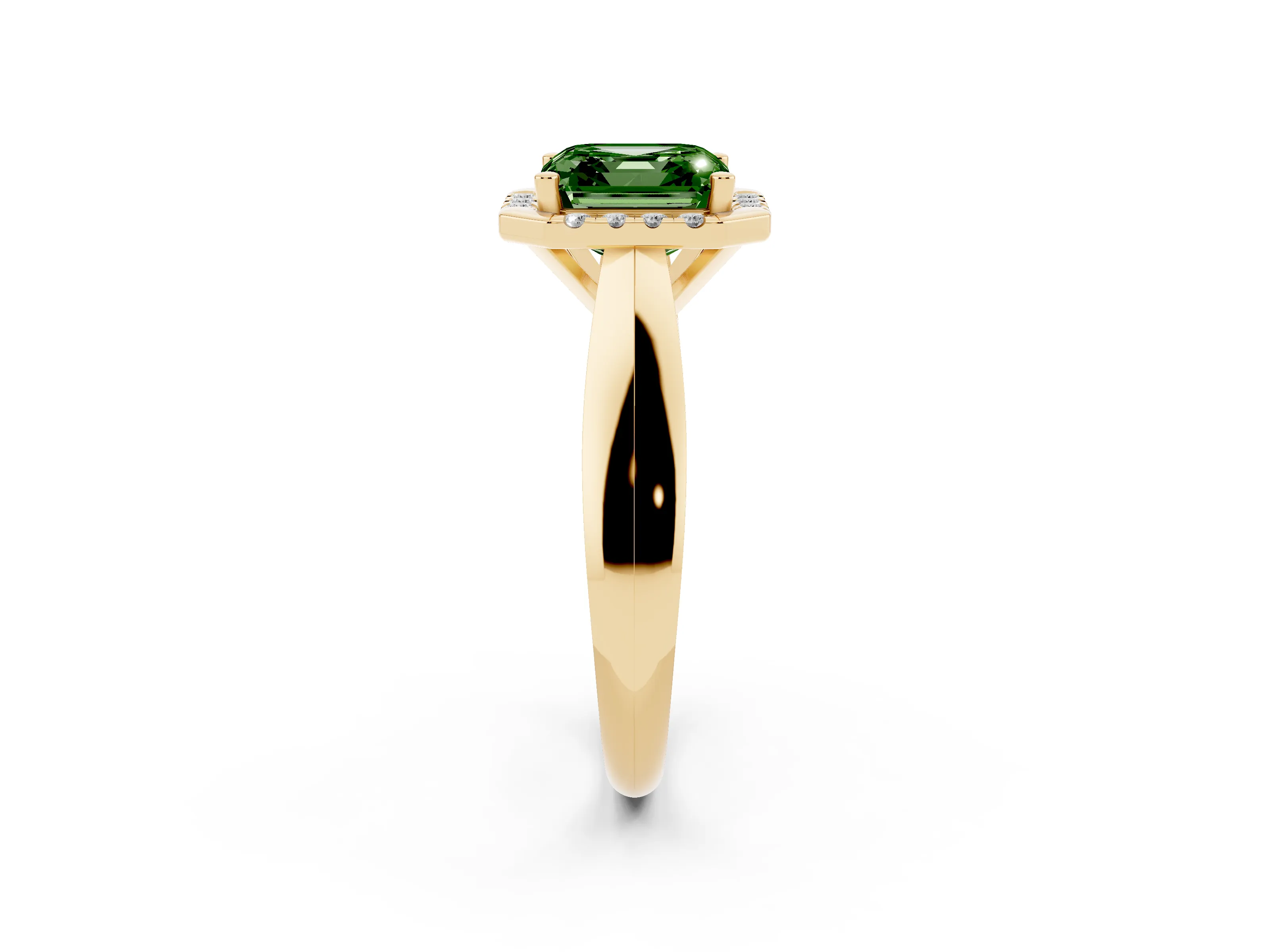 Fancy Green Asscher Cut Diamond Halo Solitaire Engagement Ring Set in Yellow gold with Square Band and Prong Setting