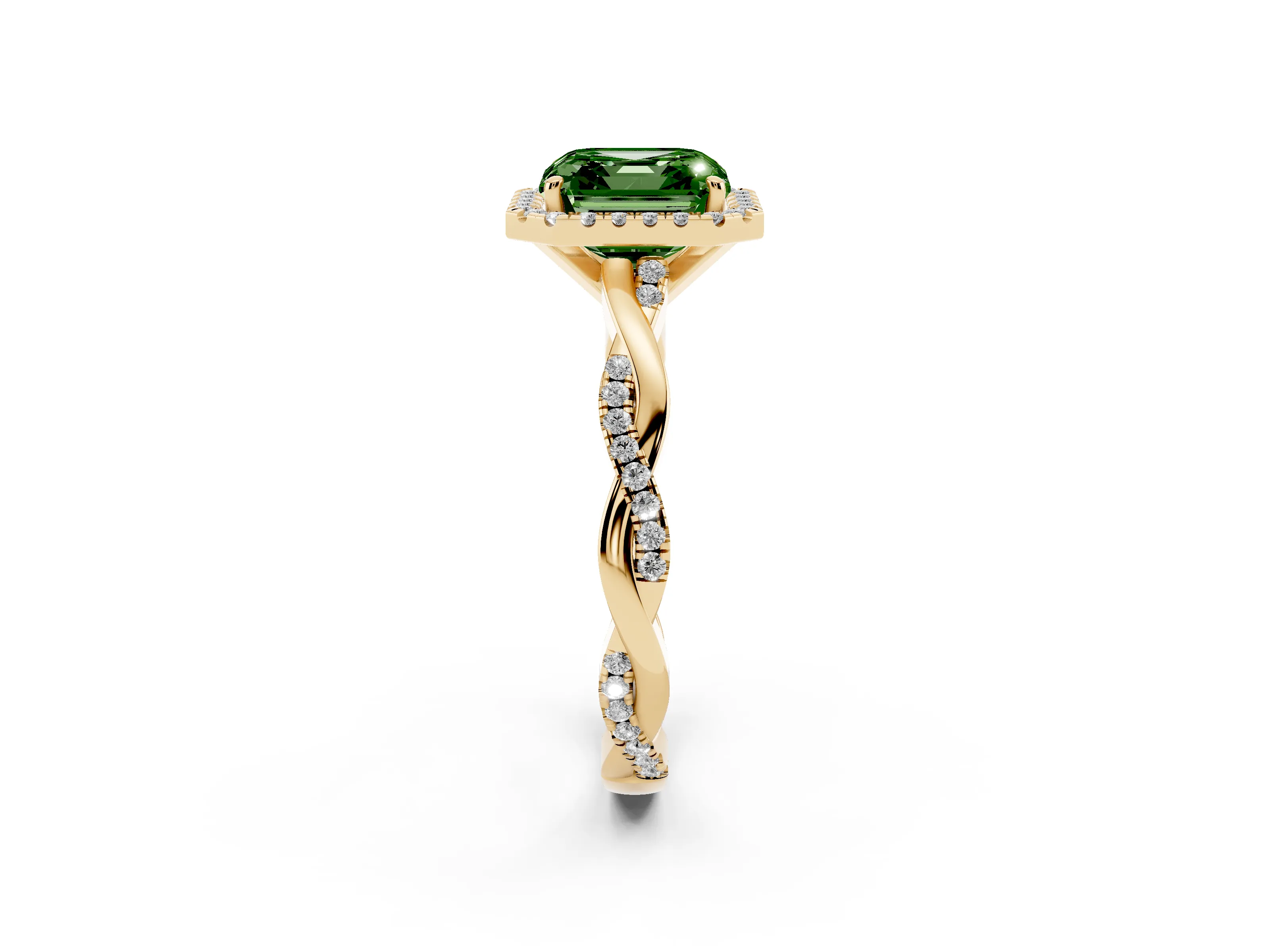 Fancy Green Asscher Cut Diamond Halo Twisted Band Ring Set in Yellow gold with Prong Setting