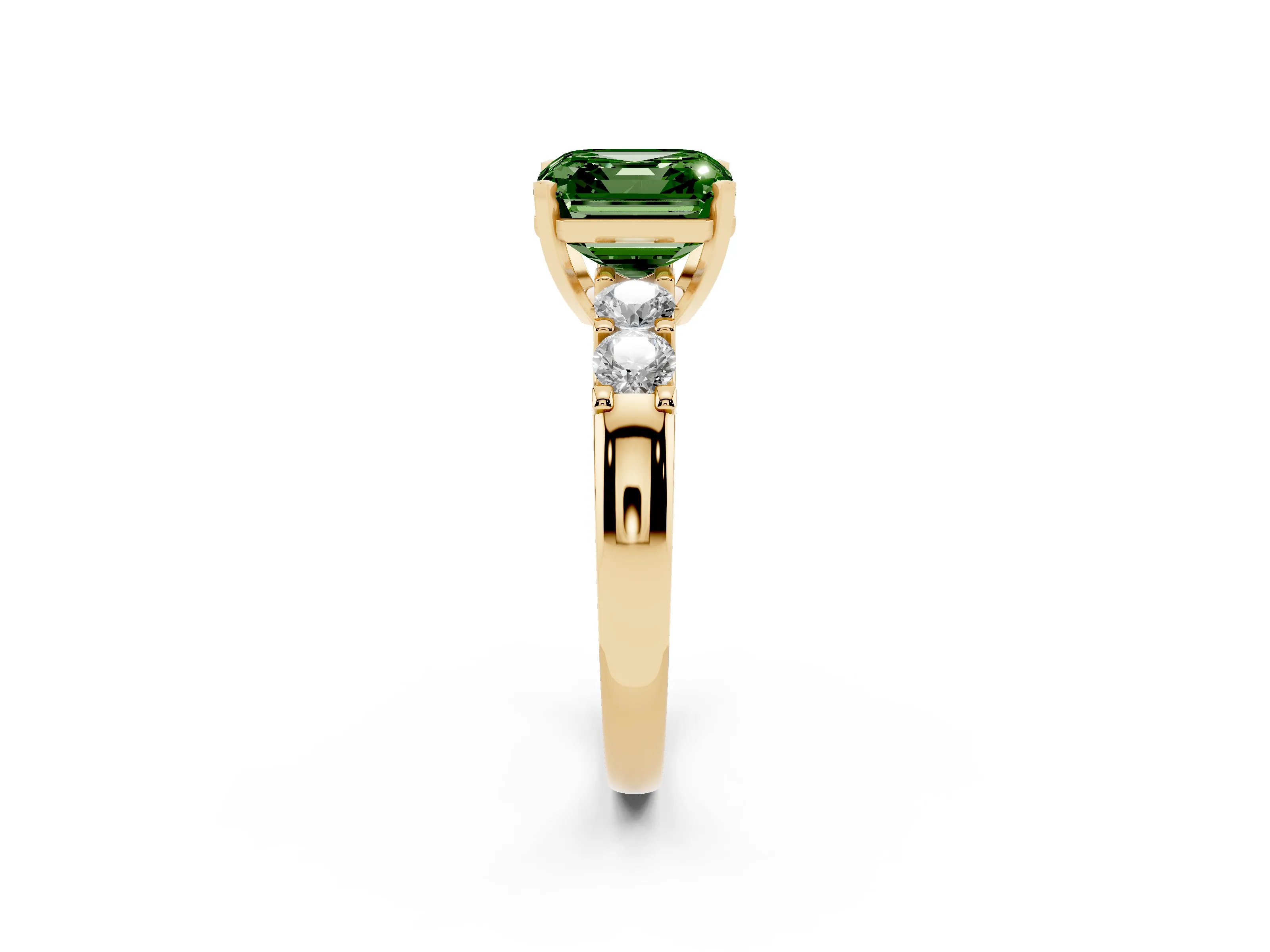 Fancy Green Asscher Cut Diamond Five-Stone Prong Set Engagement Ring Set in Yellow gold with Channel Band