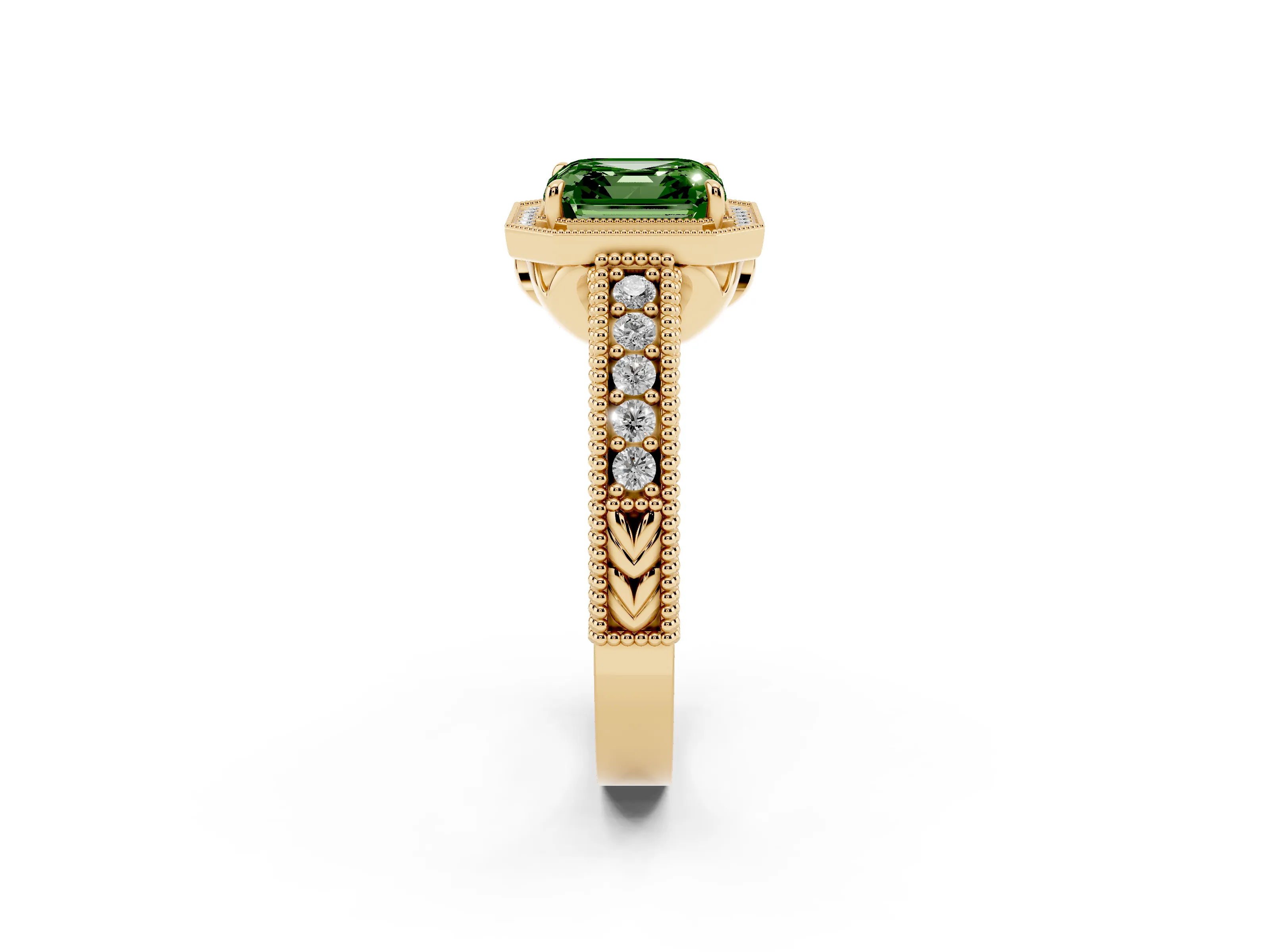 Fancy Green Asscher Cut Diamond Halo Ring Set in Yellow gold with Round Accent Halo, Pavé Band and Prong Setting