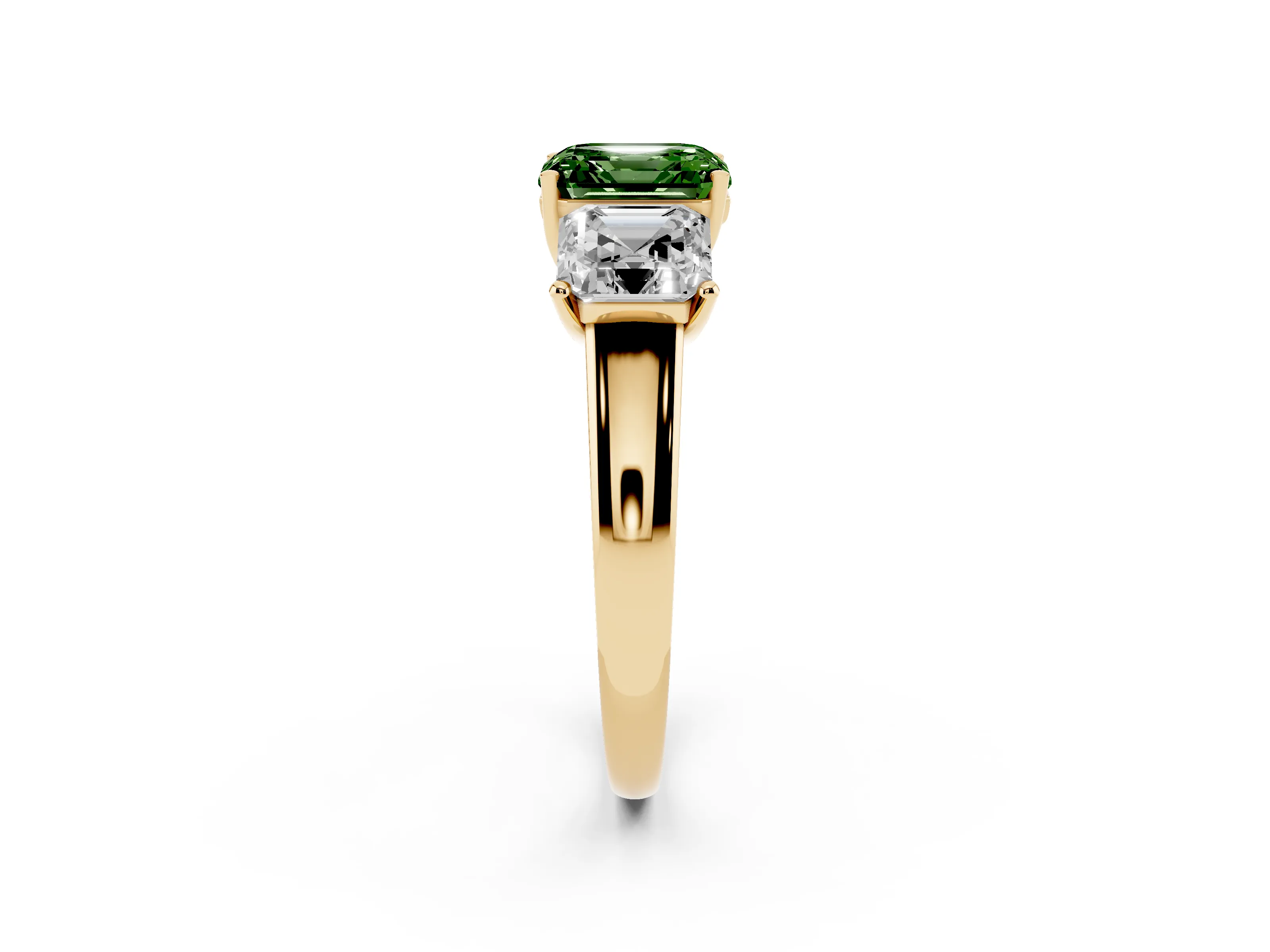 Fancy Green Asscher Cut Diamond Three-Stone Ring Set in Yellow gold with Classic Prong Setting and Plain Band