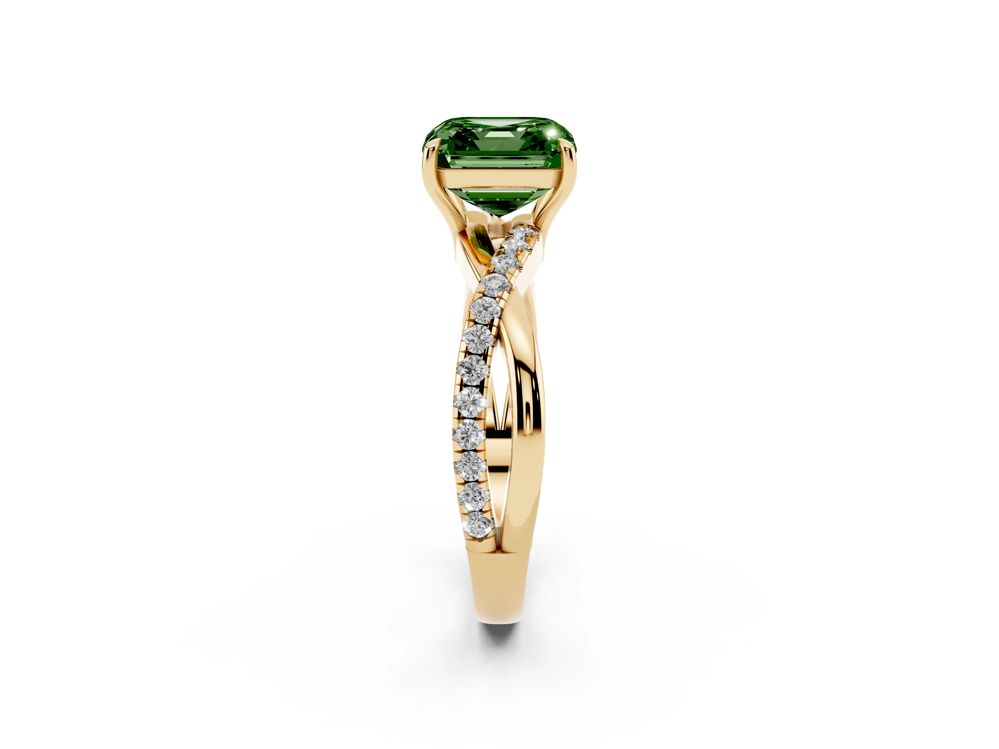 Fancy Green Asscher Cut Diamond Twisted Pavé Band Ring Set in Yellow gold with Prong Setting