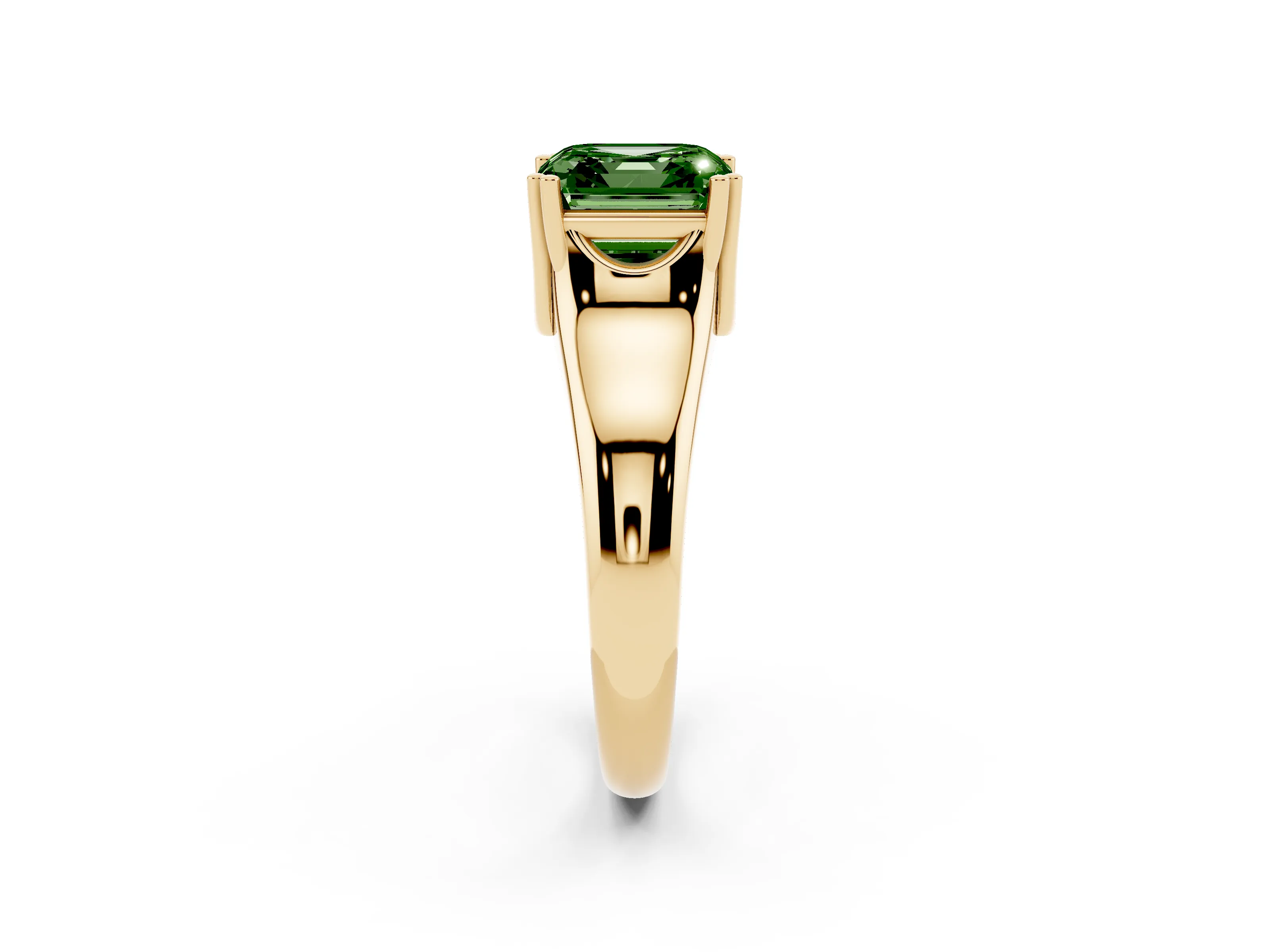 Fancy Green Asscher Cut Diamond Solitaire Ring Set in Yellow gold with Wide Band and Prong Setting