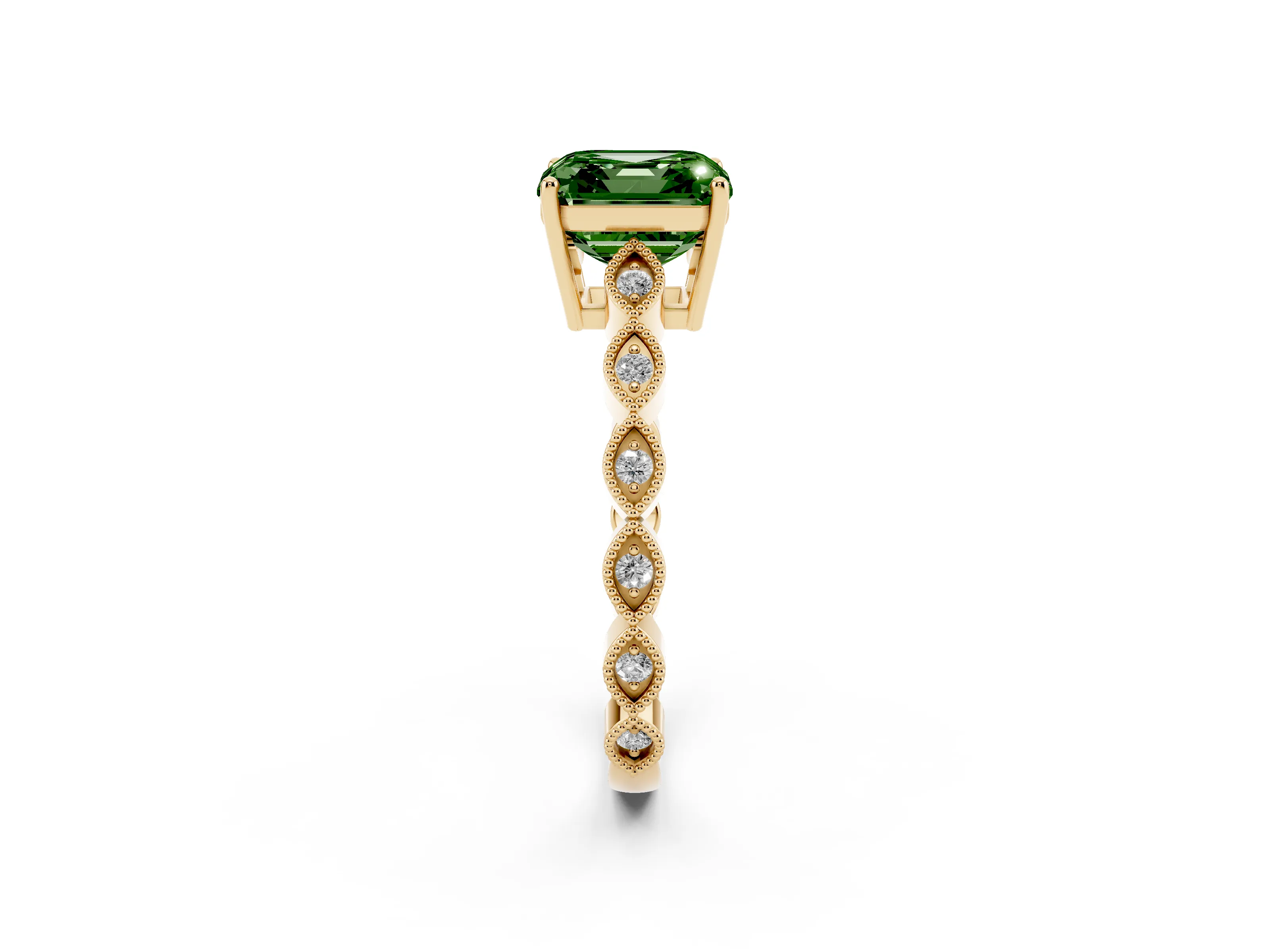 Fancy Green Asscher Cut Diamond Solitaire Ring Set in Yellow gold with Infinity Twist Pavé Band