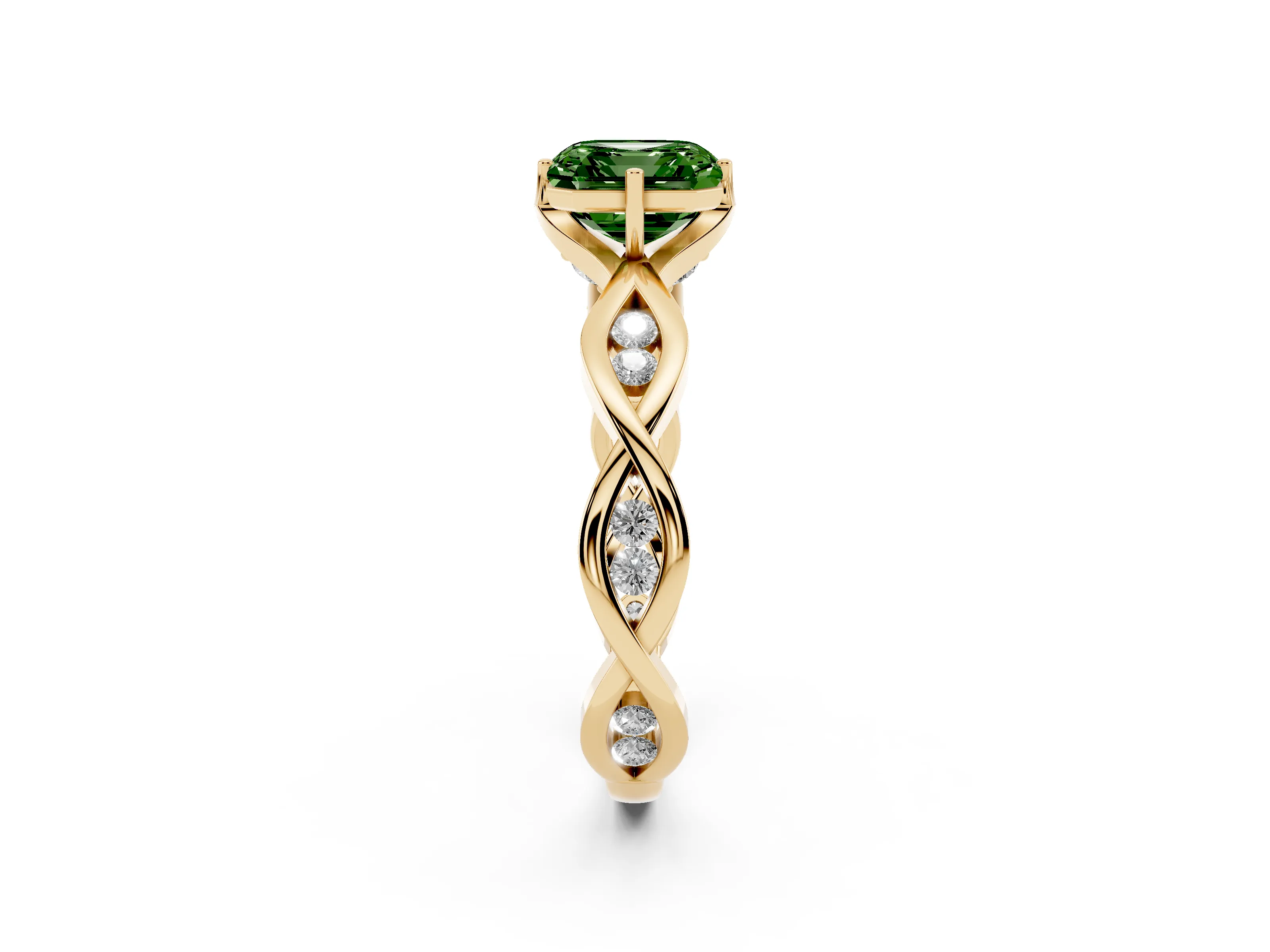 Fancy Green Asscher Cut Diamond Twist Band Solitaire Ring Set in Yellow gold with Leaf Prong Setting and Accent Stones