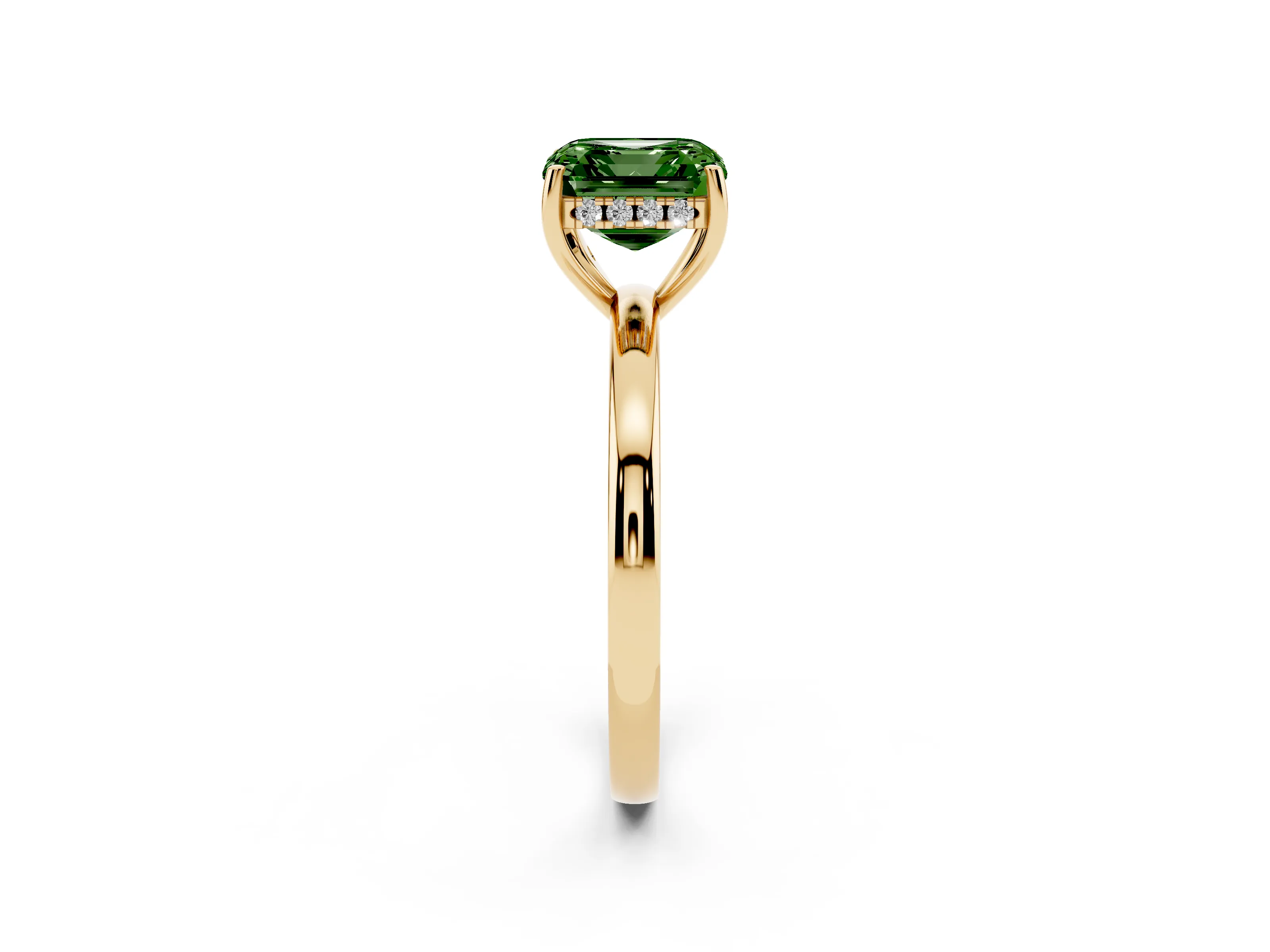 Fancy Green Asscher Cut Diamond Solitaire Ring Set in Yellow gold with Plain Band and Prong Setting
