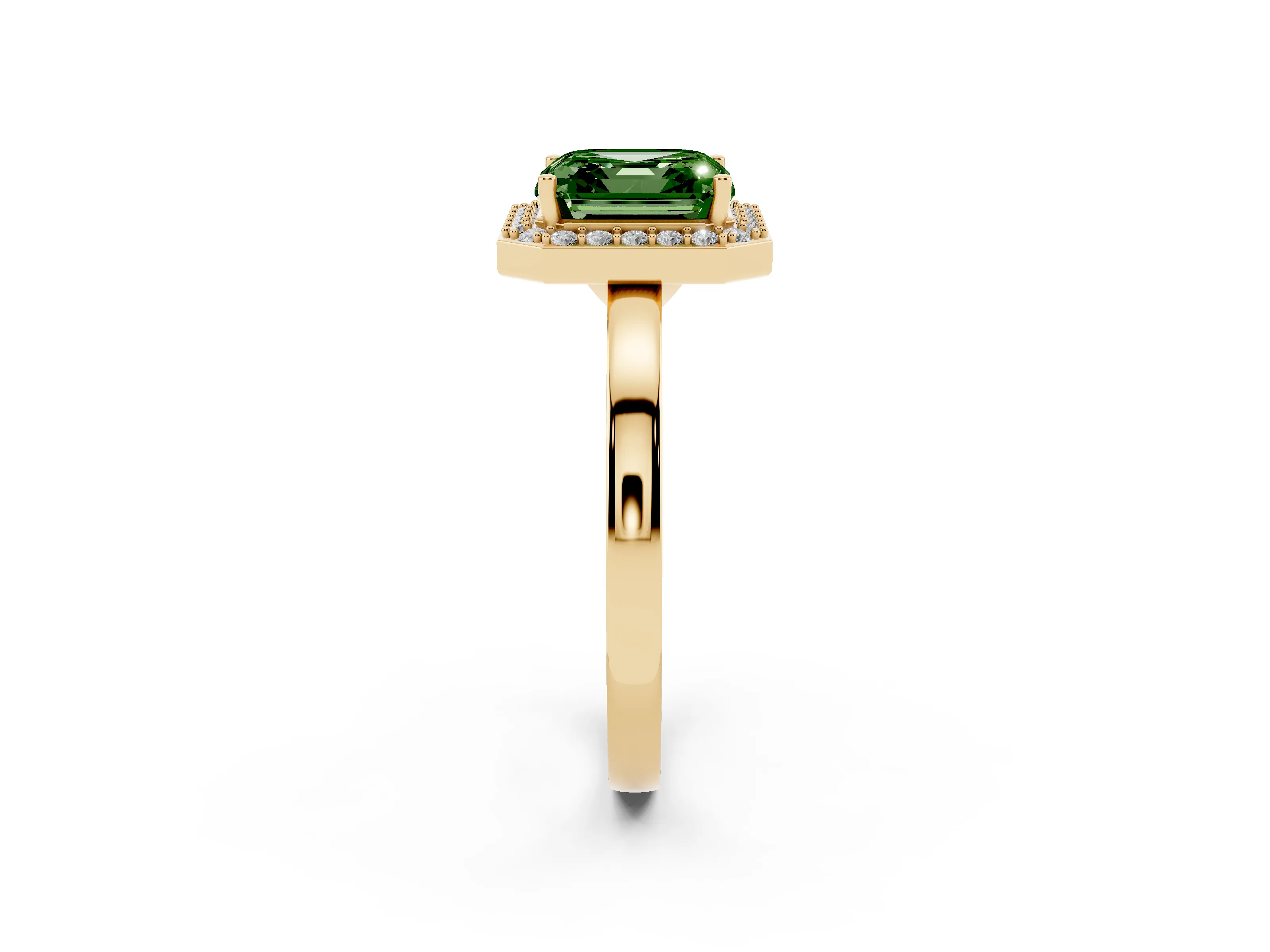 Fancy Green Asscher Cut Diamond Halo Ring Set in Yellow gold with Solitaire Band and Prong Setting