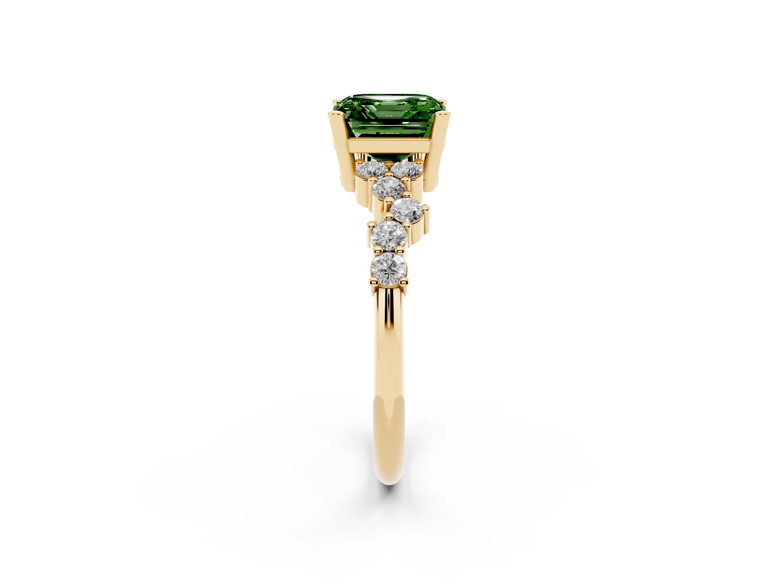 Fancy Green Asscher Cut Diamond Ring Set in Yellow gold with Scattered Round Accents