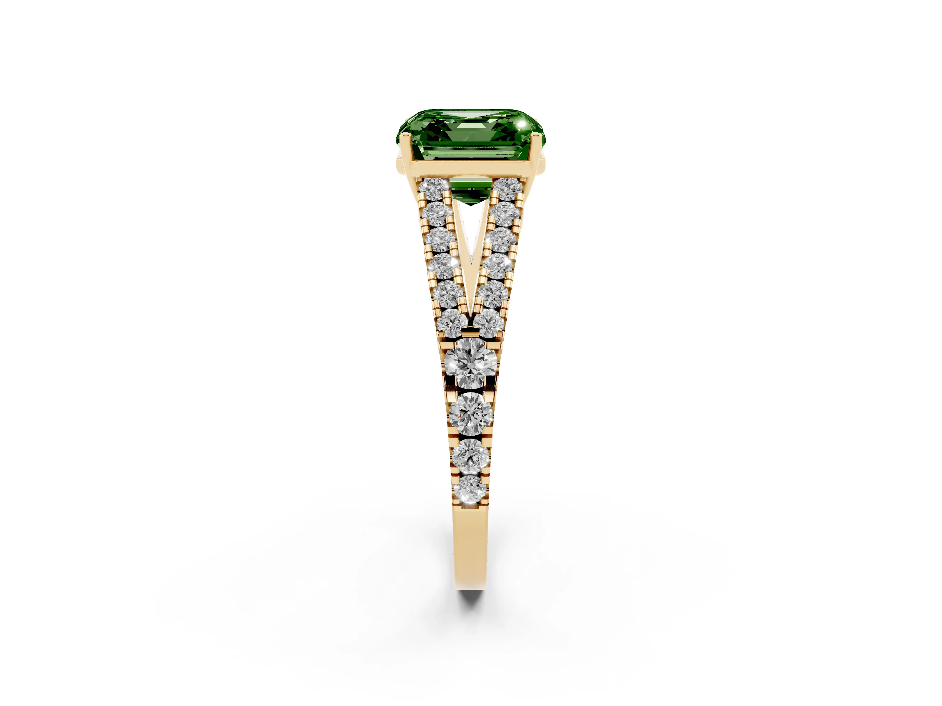 Fancy Green Asscher Cut Diamond Split Shank Pavé Engagement Ring Set in Yellow gold with Prong-Held Center Stone