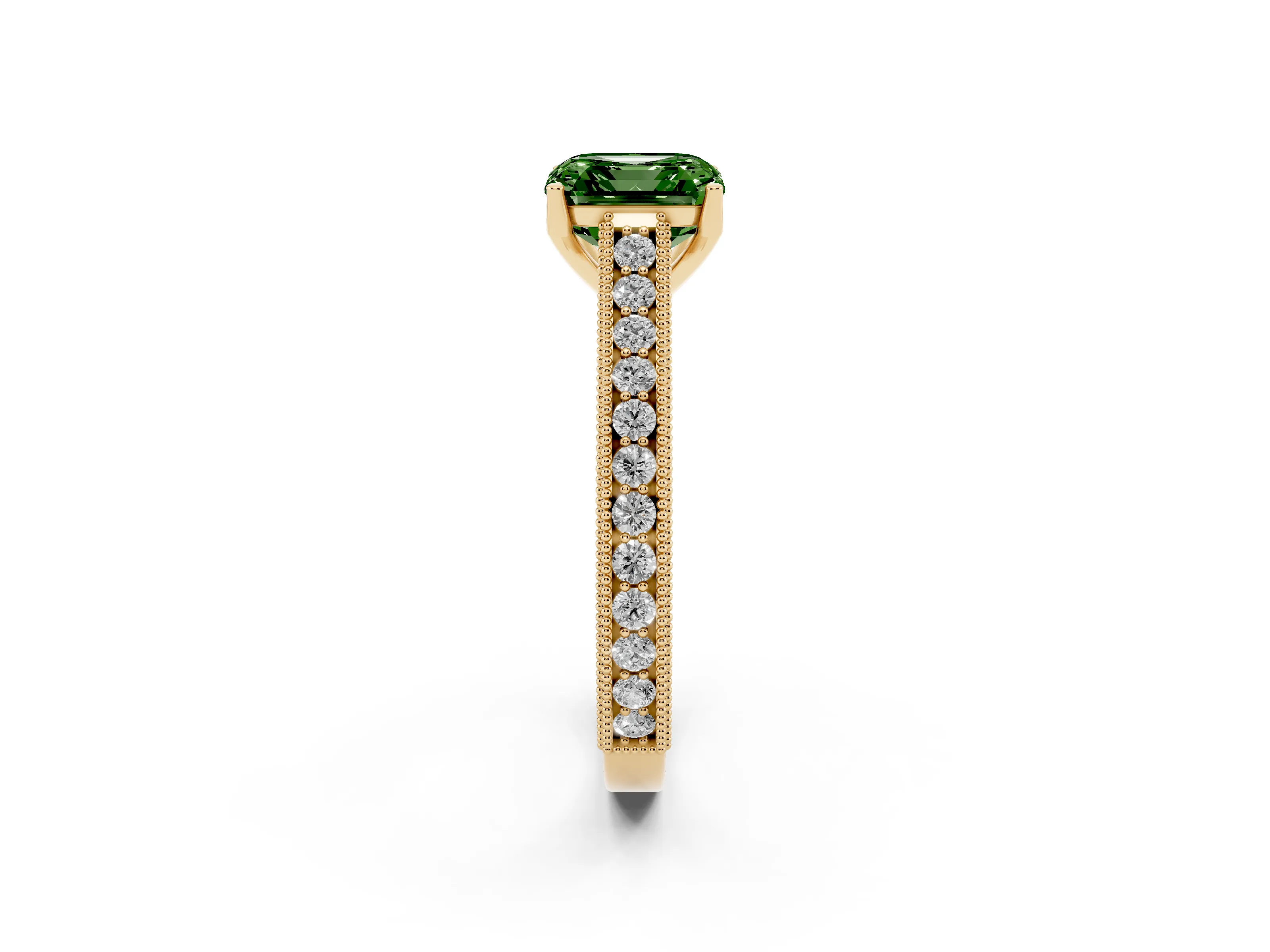 Fancy Green Asscher Cut Diamond Milgrain Pavé Band Solitaire Ring Set in Yellow gold with Prong Setting