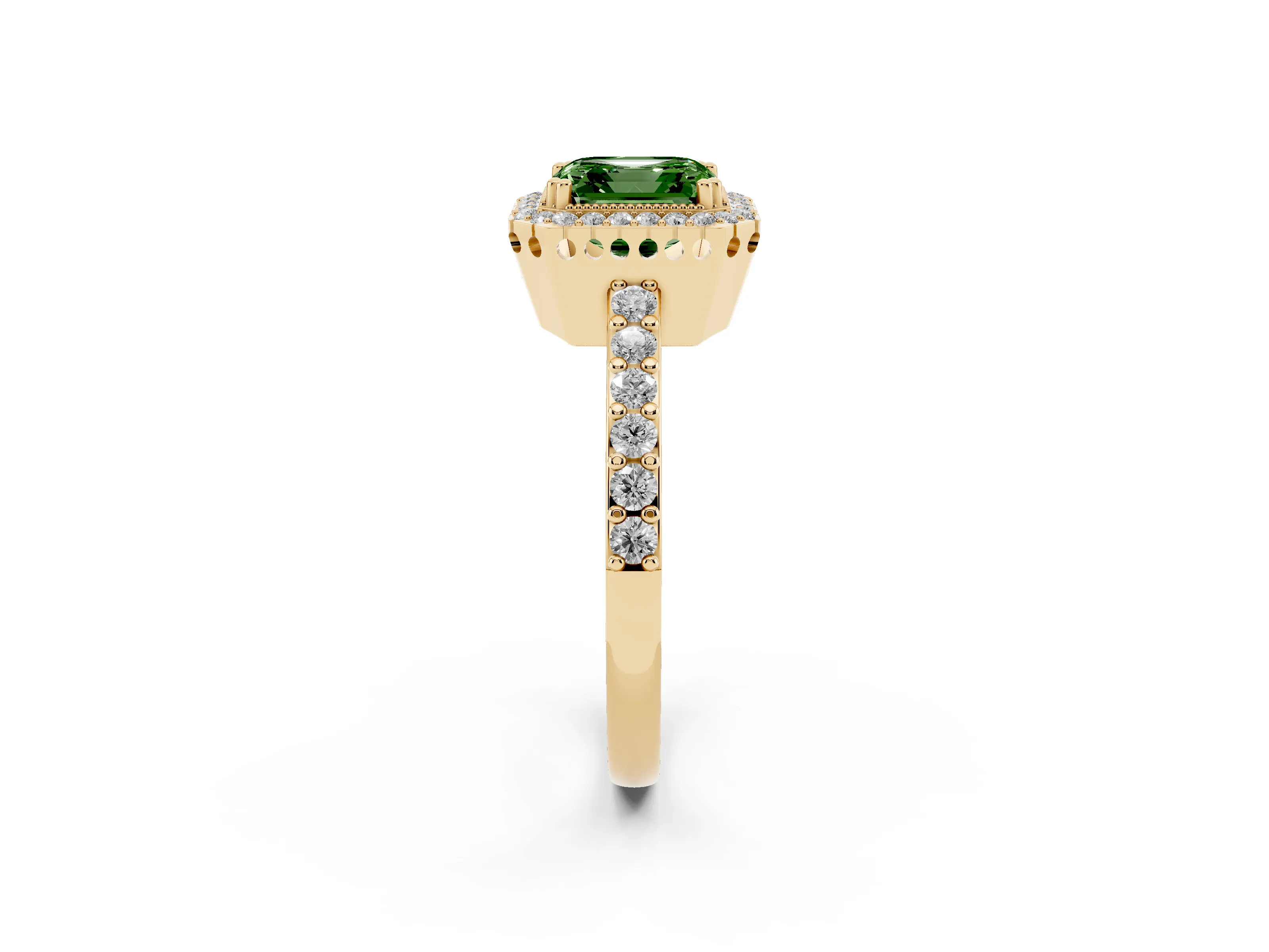 Fancy Green Asscher Cut Diamond Halo Engagement Ring Set in Yellow gold with Milgrain Detail and Pavé Band