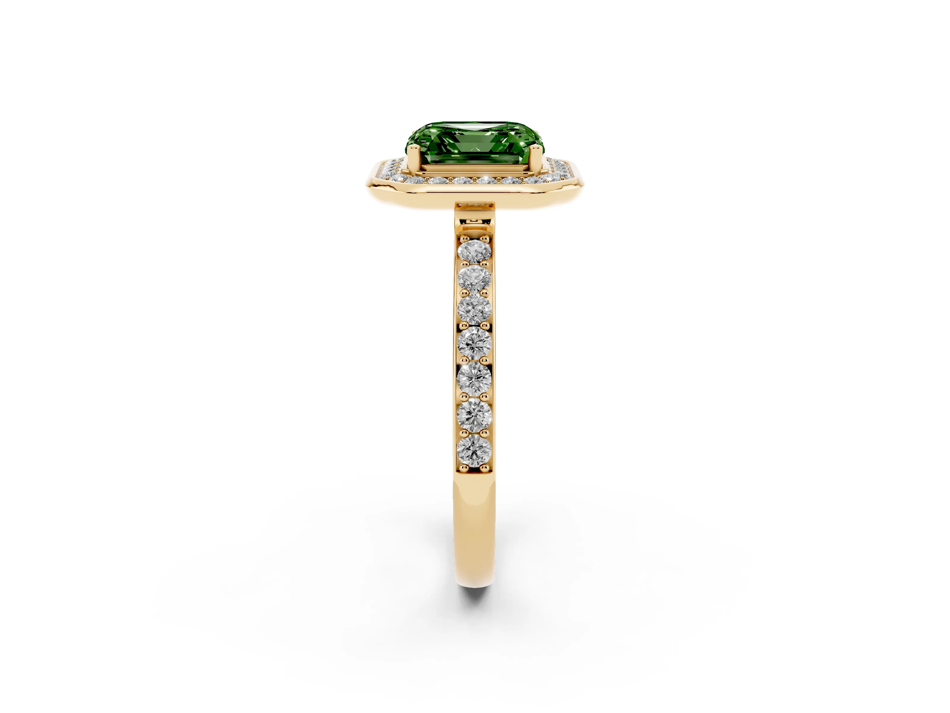 Fancy Green Asscher Cut Diamond Halo Ring Set in Yellow gold with Bezel Frame and Pavé Band