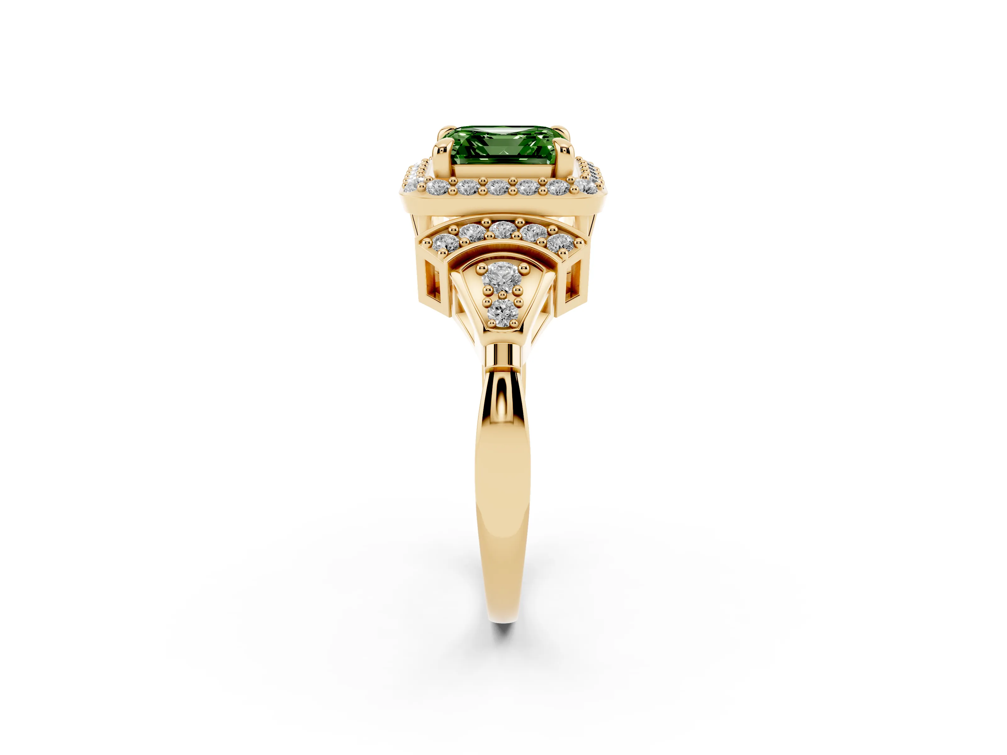 Fancy Green Asscher Cut Diamond Halo Engagement Ring Set in Yellow gold with Accent Stone Split Shank