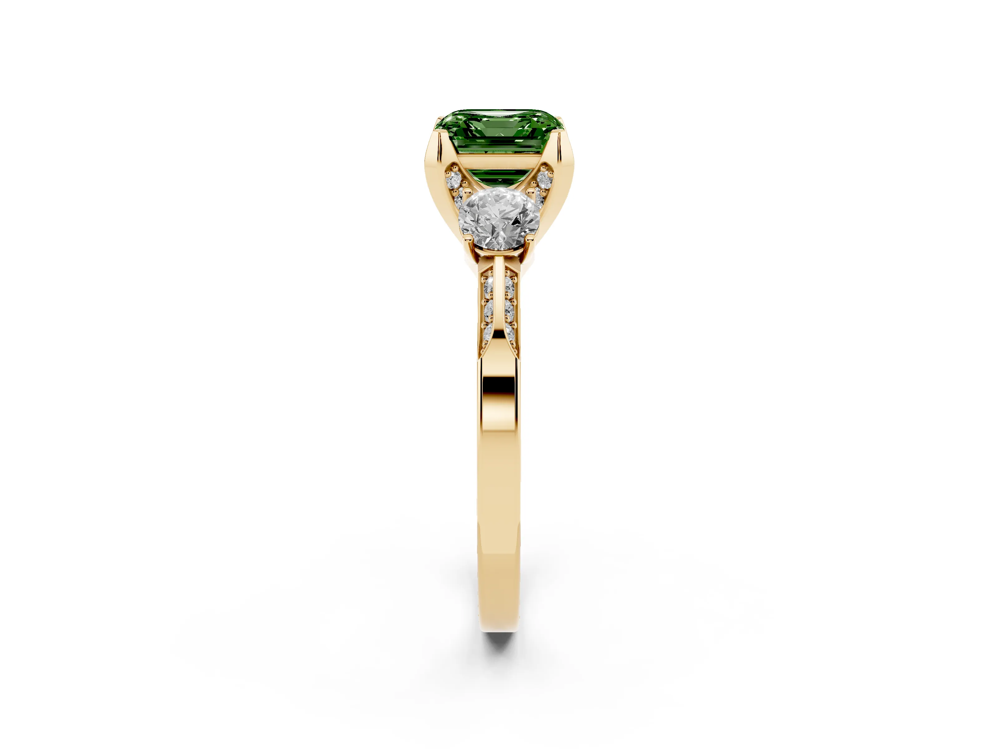 Fancy Green Asscher Cut Diamond Three-Stone Ring Set in Yellow gold with Pavé Band and Smaller Side Stones