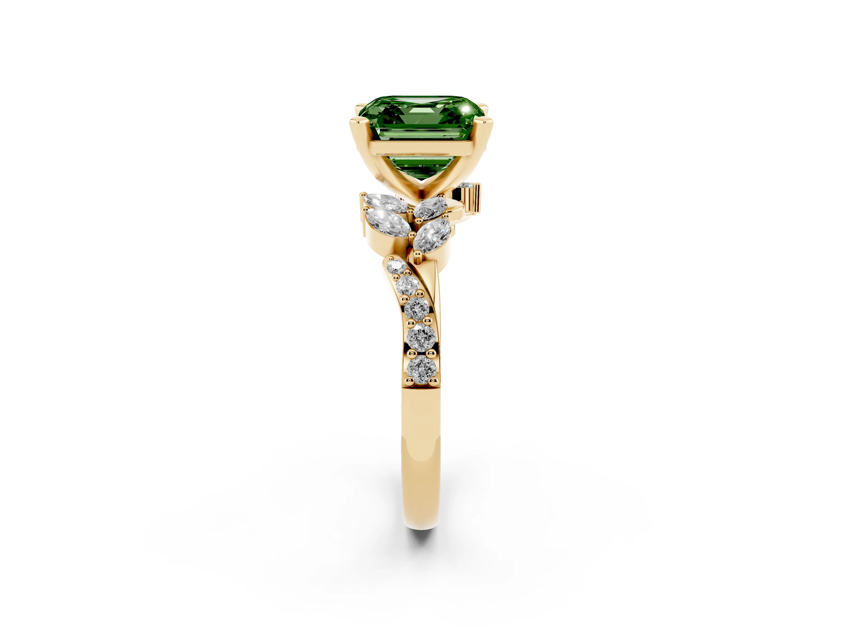 Fancy Green Asscher Cut Diamond Solitaire Ring Set in Yellow gold with Marquise Twist Band and Prong Setting