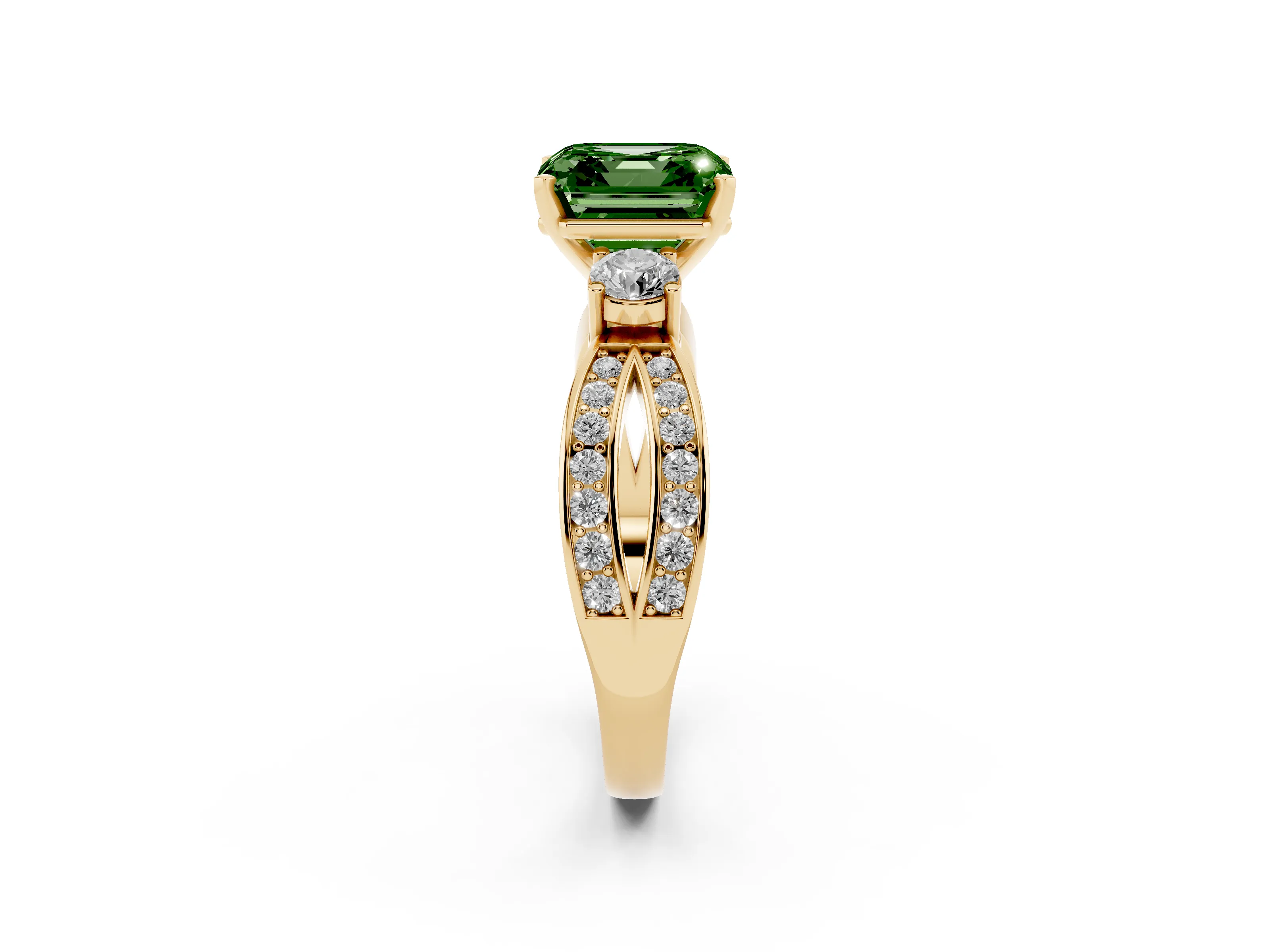 Fancy Green Three-Stone Asscher Cut Diamond Twist Band Ring Set in Yellow gold with Pavé Accents and Prong Setting