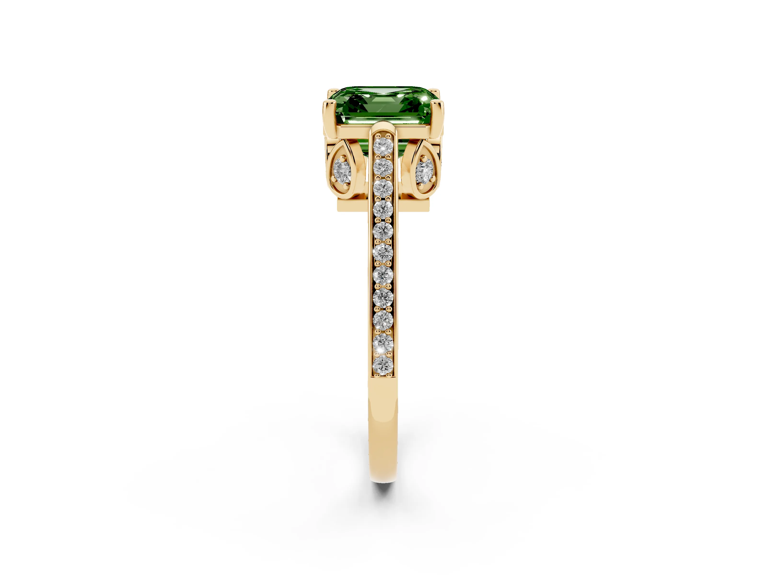 Fancy Green Asscher Cut Diamond Cathedral Pavé Engagement Ring Set in Yellow gold with Prong Setting