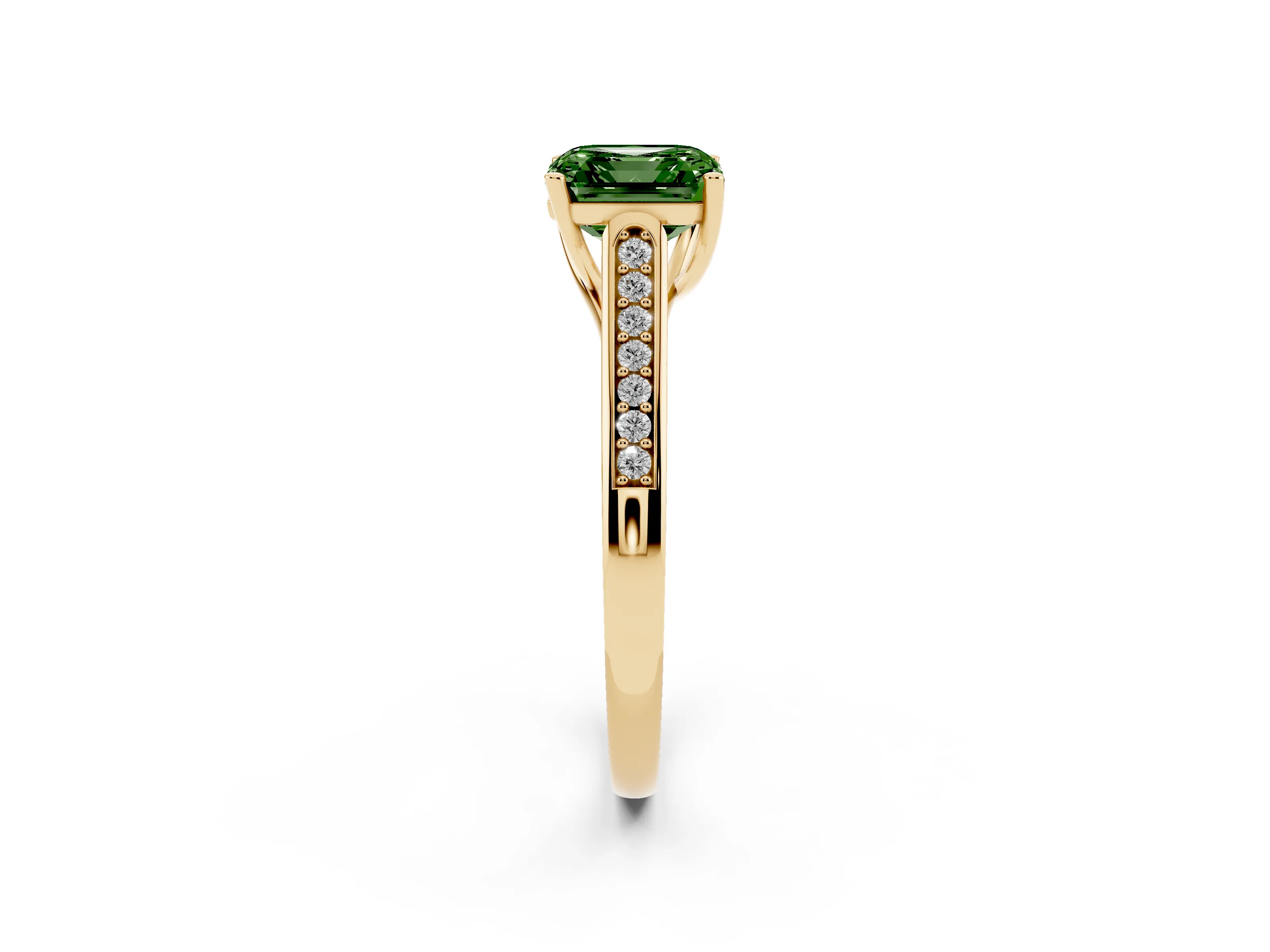 Fancy Green Asscher Cut Diamond Solitaire Cathedral Engagement Ring Set in Yellow gold with Channel-Set Band and Prong Setting
