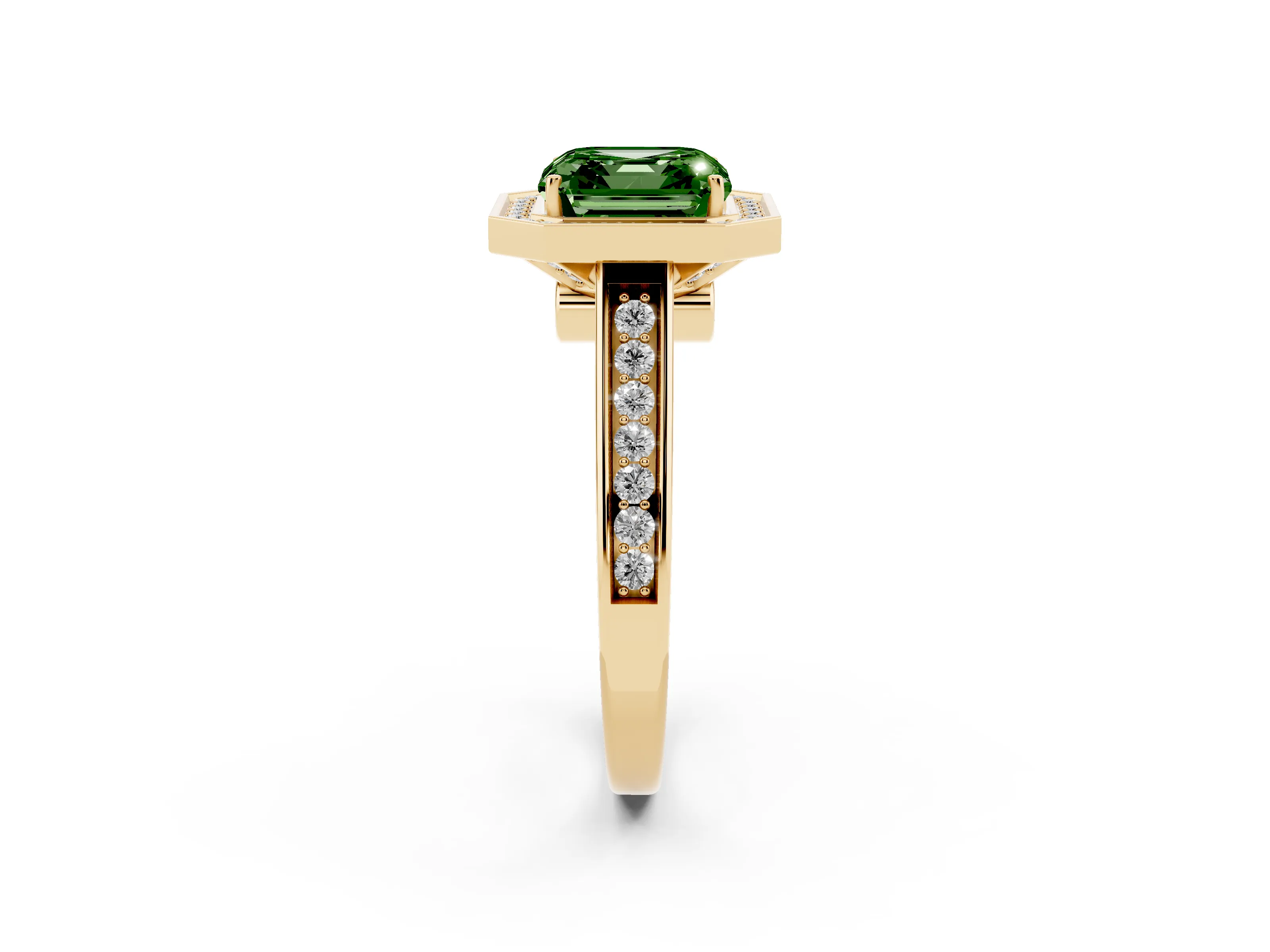 Fancy Green Asscher Cut Diamond Halo Solitaire Ring Set in Yellow gold with Pavé Band and Bezel Setting