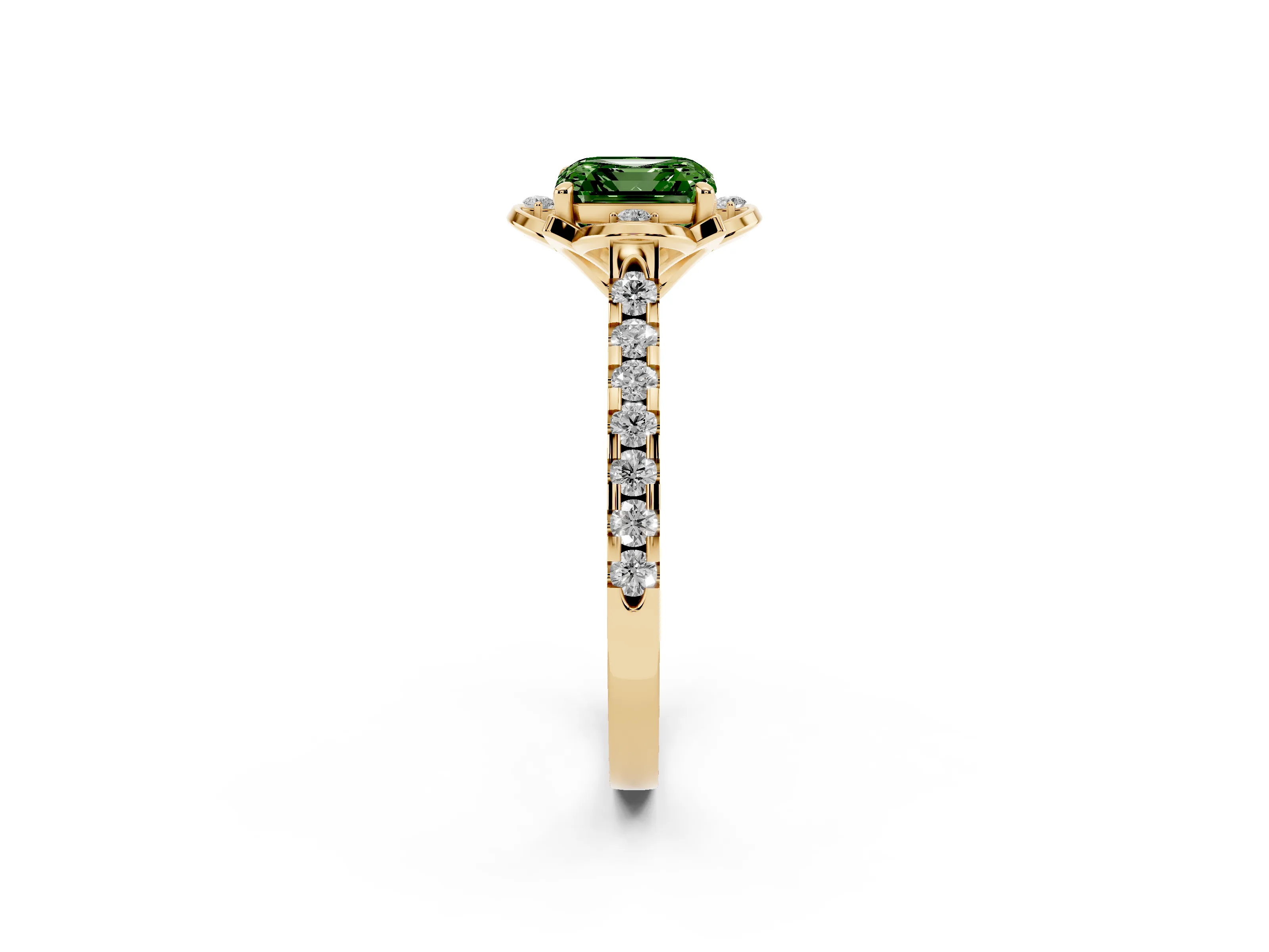 Fancy Green Asscher Cut Diamond Solitaire Ring Set in Yellow gold with Pavé Band and Floral Prong Setting