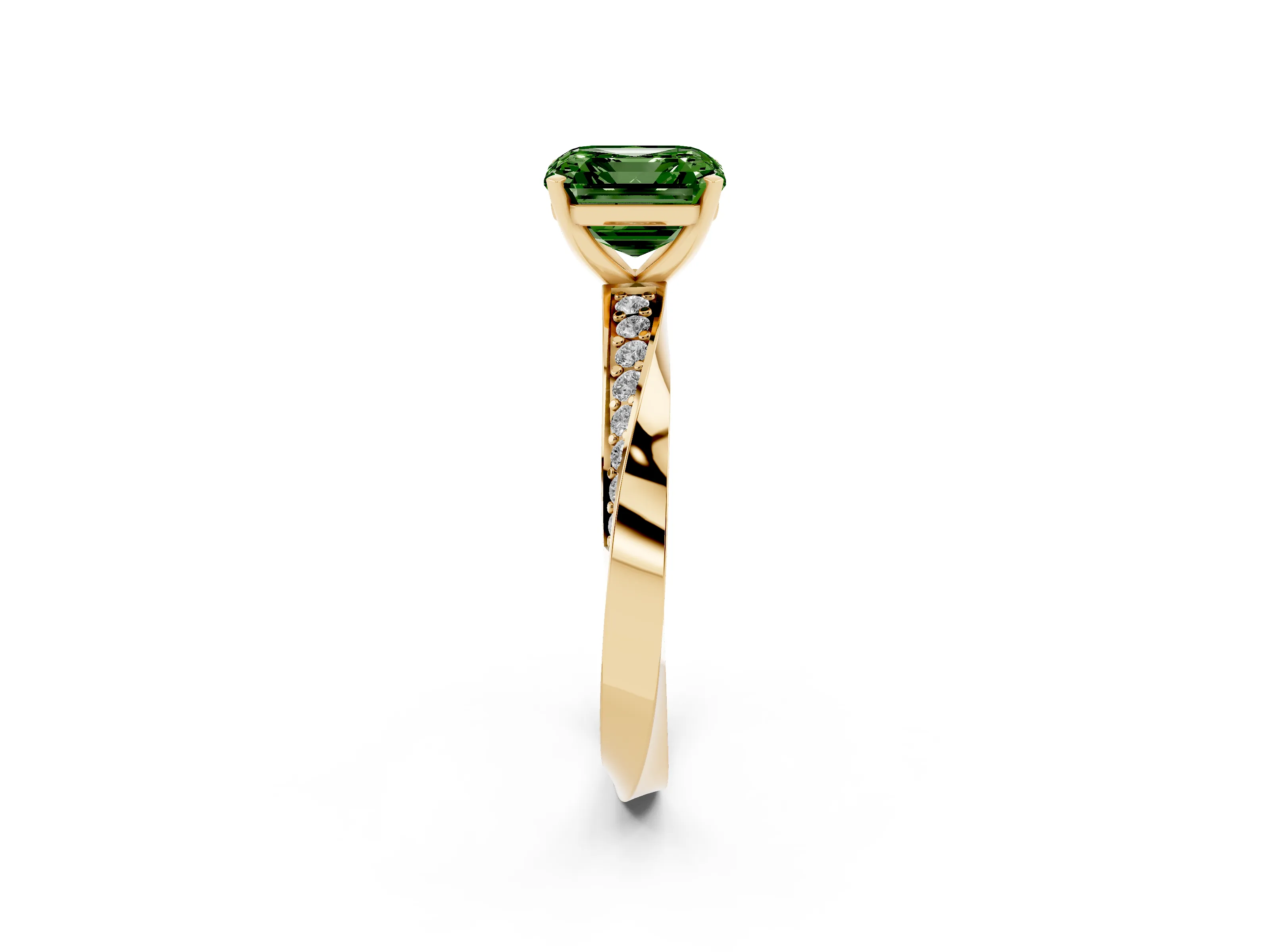 Fancy Green Asscher Cut Diamond Engagement Ring Set in Yellow gold with Side Stone Accents and Prong Setting
