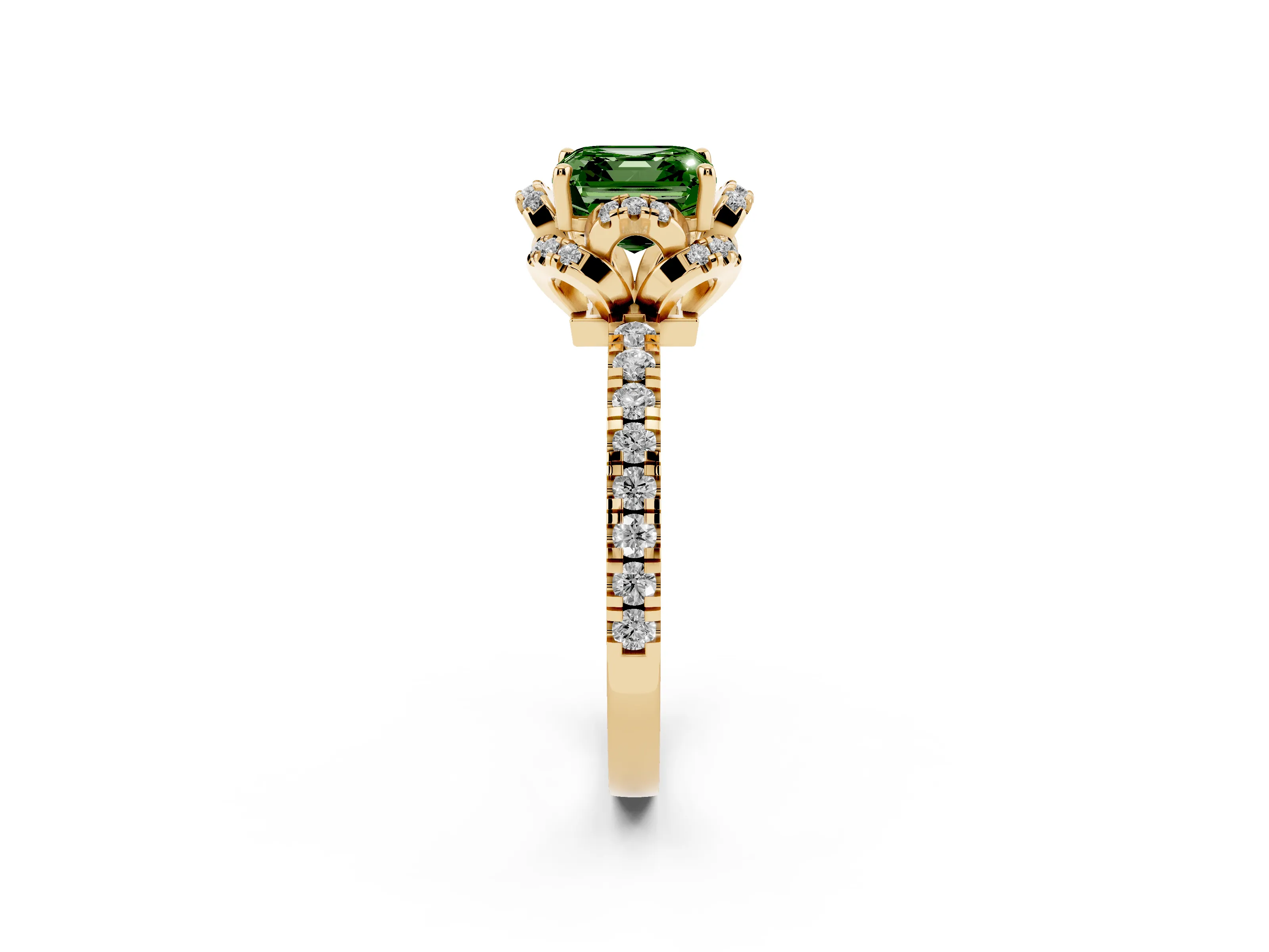 Fancy Green Asscher Cut Diamond Halo Pavé Band Ring Set in Yellow gold with Prong-Held Center