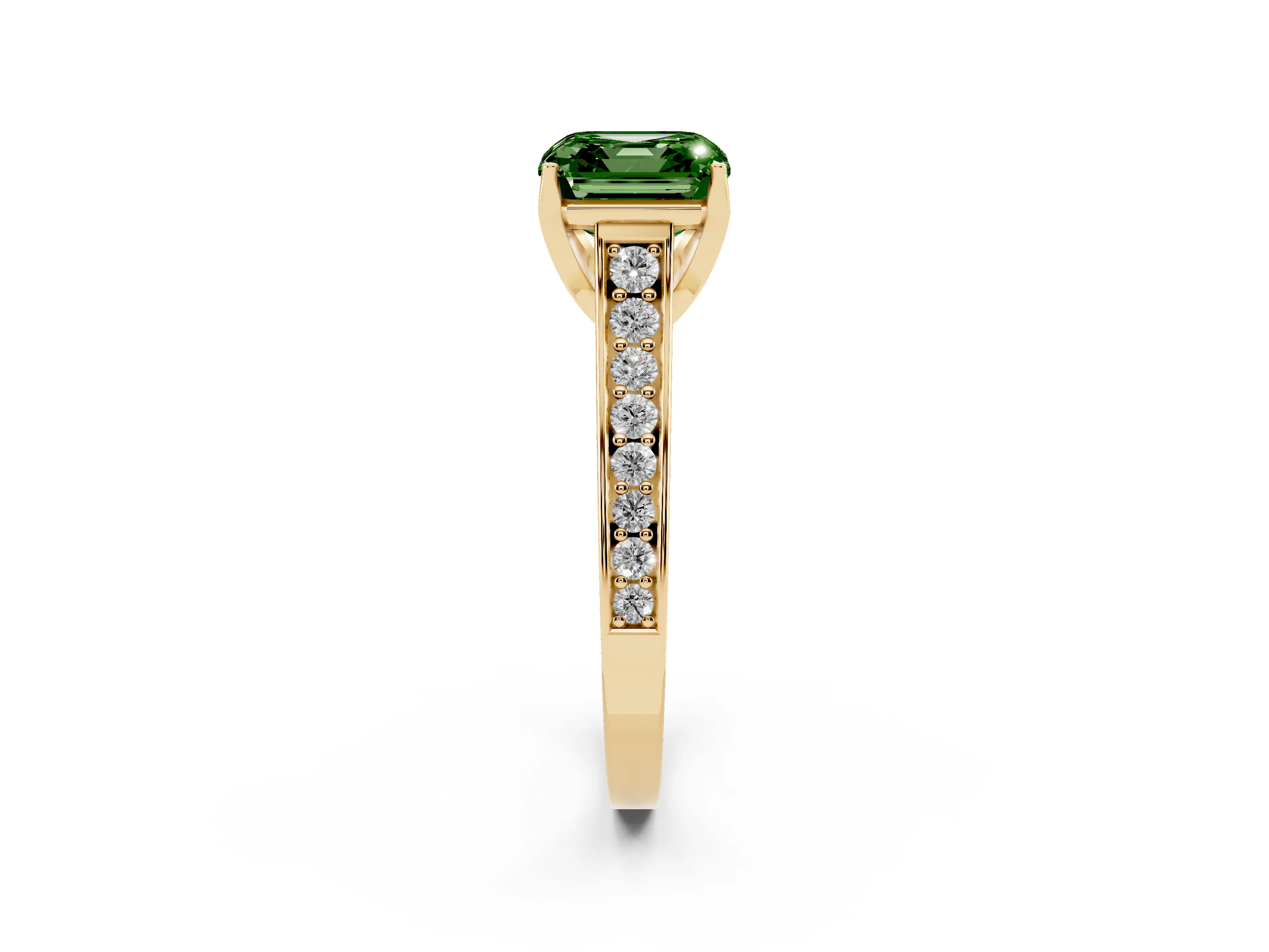 Fancy Green Asscher Cut Diamond Solitaire Pavé Engagement Ring Set in Yellow gold with Prong Setting