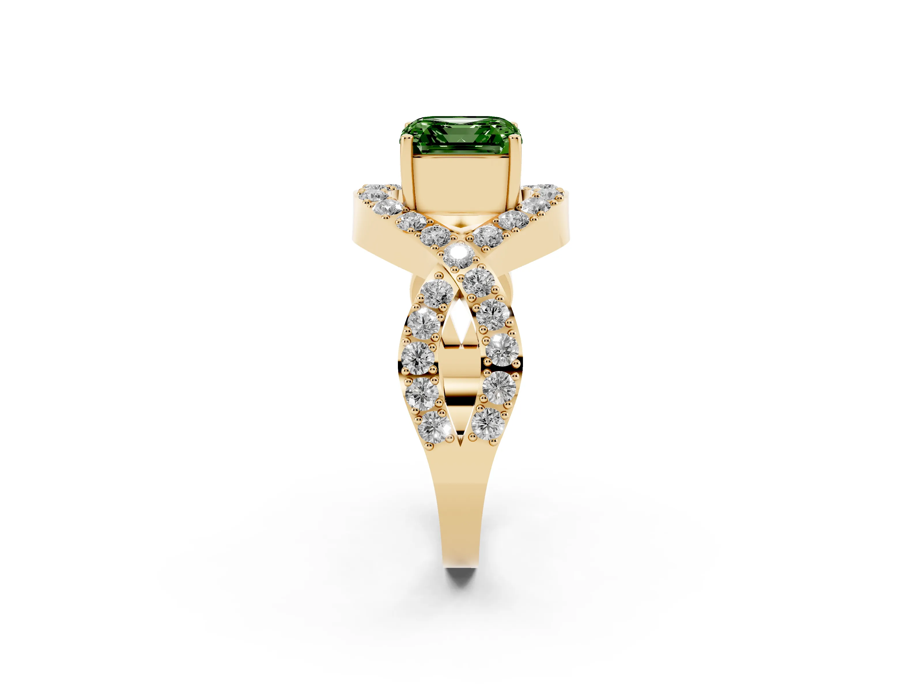 Fancy Green Asscher Cut Diamond Solitaire Twist Band Pavé Engagement Ring Set in Yellow gold