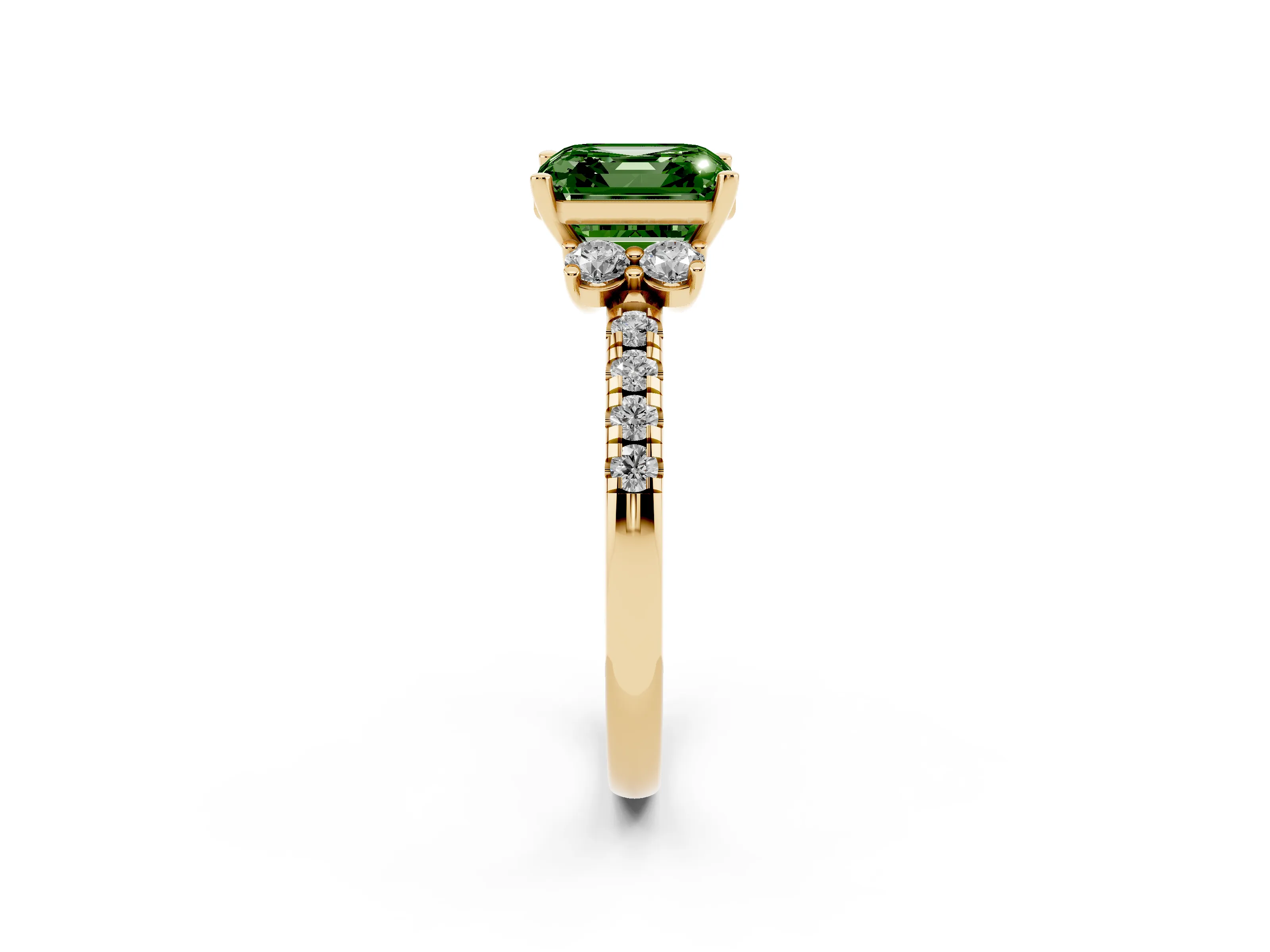 Fancy Green Asscher Cut Diamond Three-Stone Pavé Ring Set in Yellow gold with Prong Setting