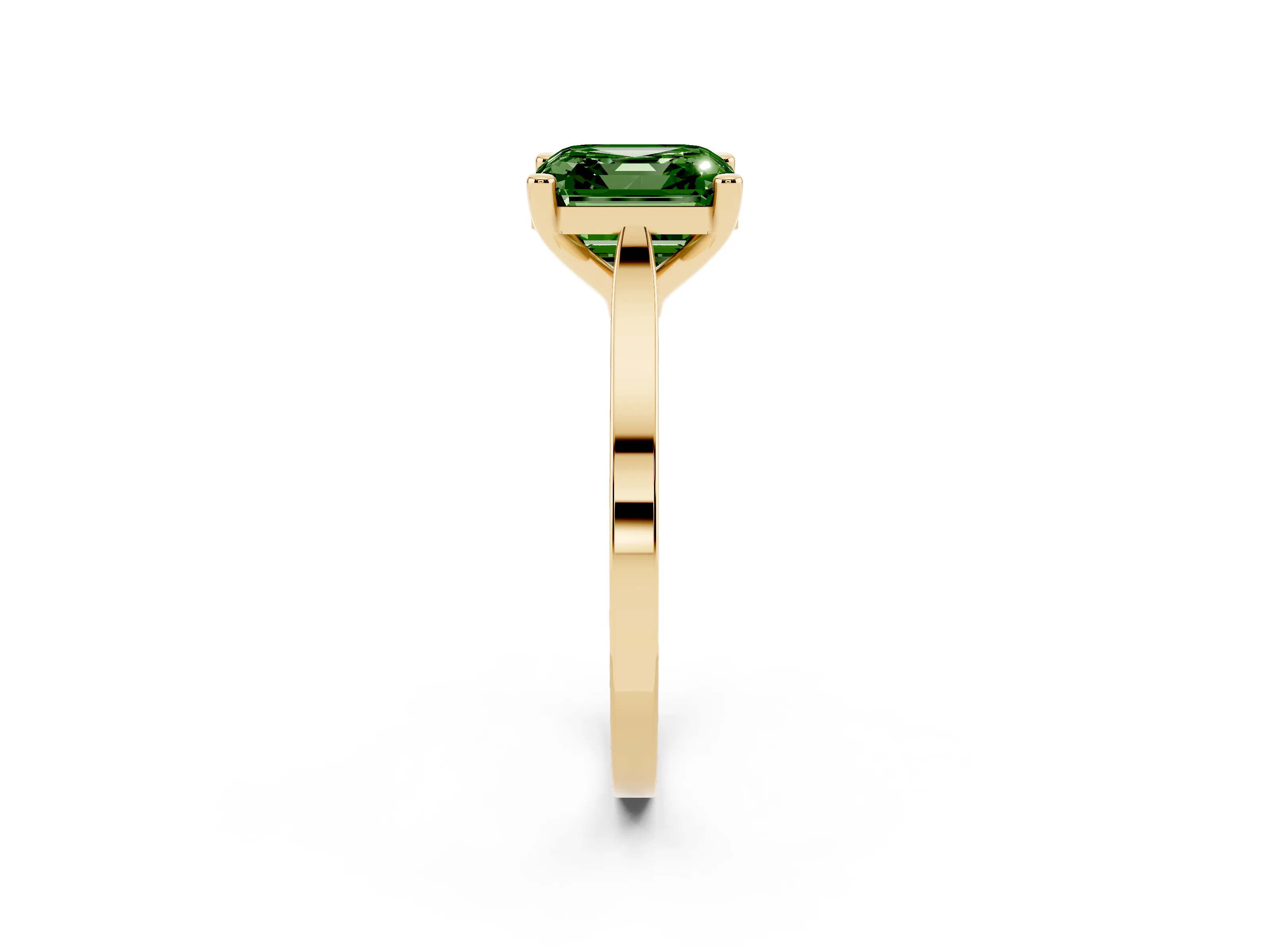 Fancy Green Asscher Cut Diamond Solitaire Ring Set in Yellow gold with Prong Setting and Tapered Band