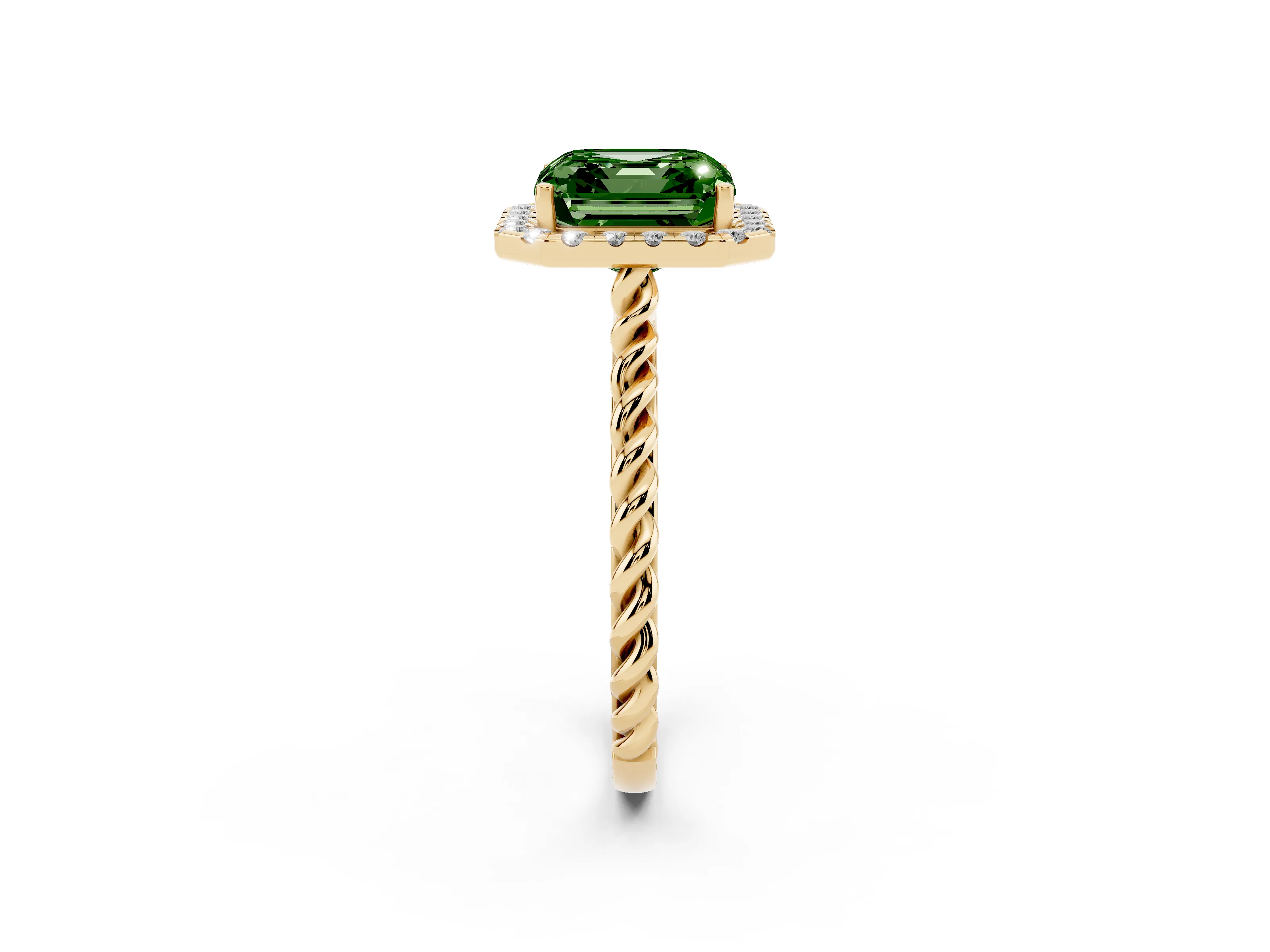 Fancy Green Asscher Cut Diamond Halo Ring Set in Yellow gold with Plain Twisted Band
