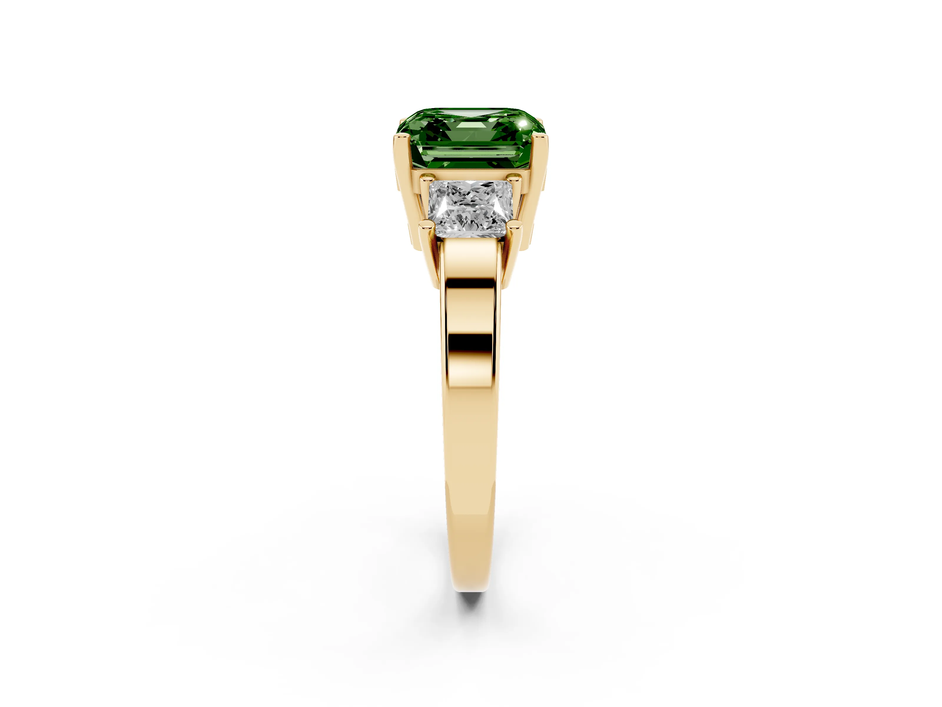 Fancy Green Three-Stone Asscher Cut Diamond Solitaire Ring Set in Yellow gold with Prong Setting