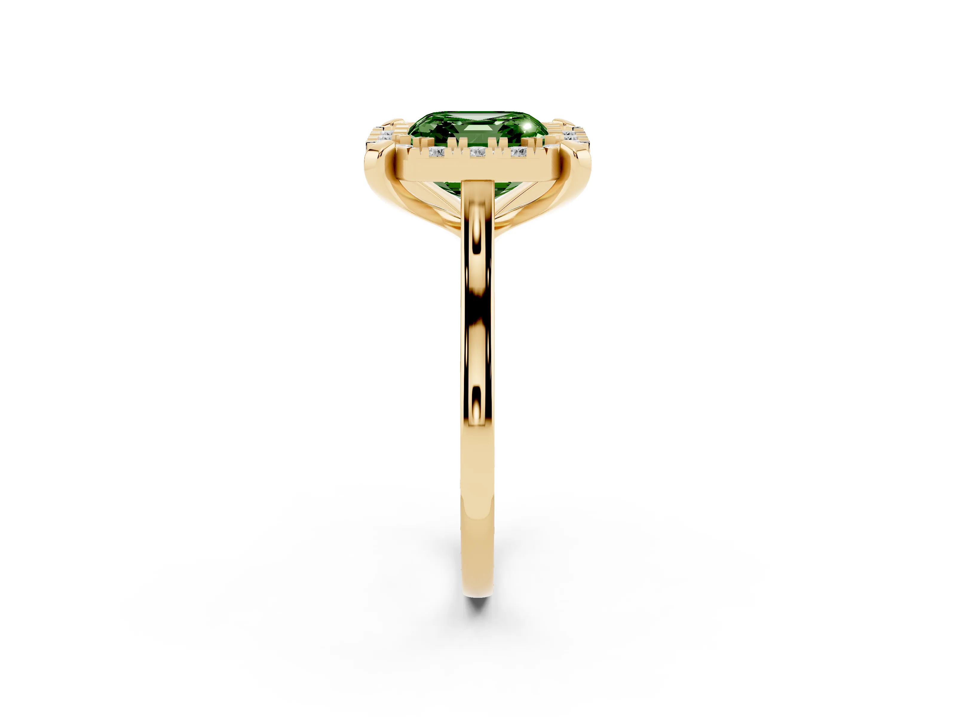 Fancy Green Asscher Cut Diamond Cluster Halo Solitaire Ring Set in Yellow gold with Prong Setting