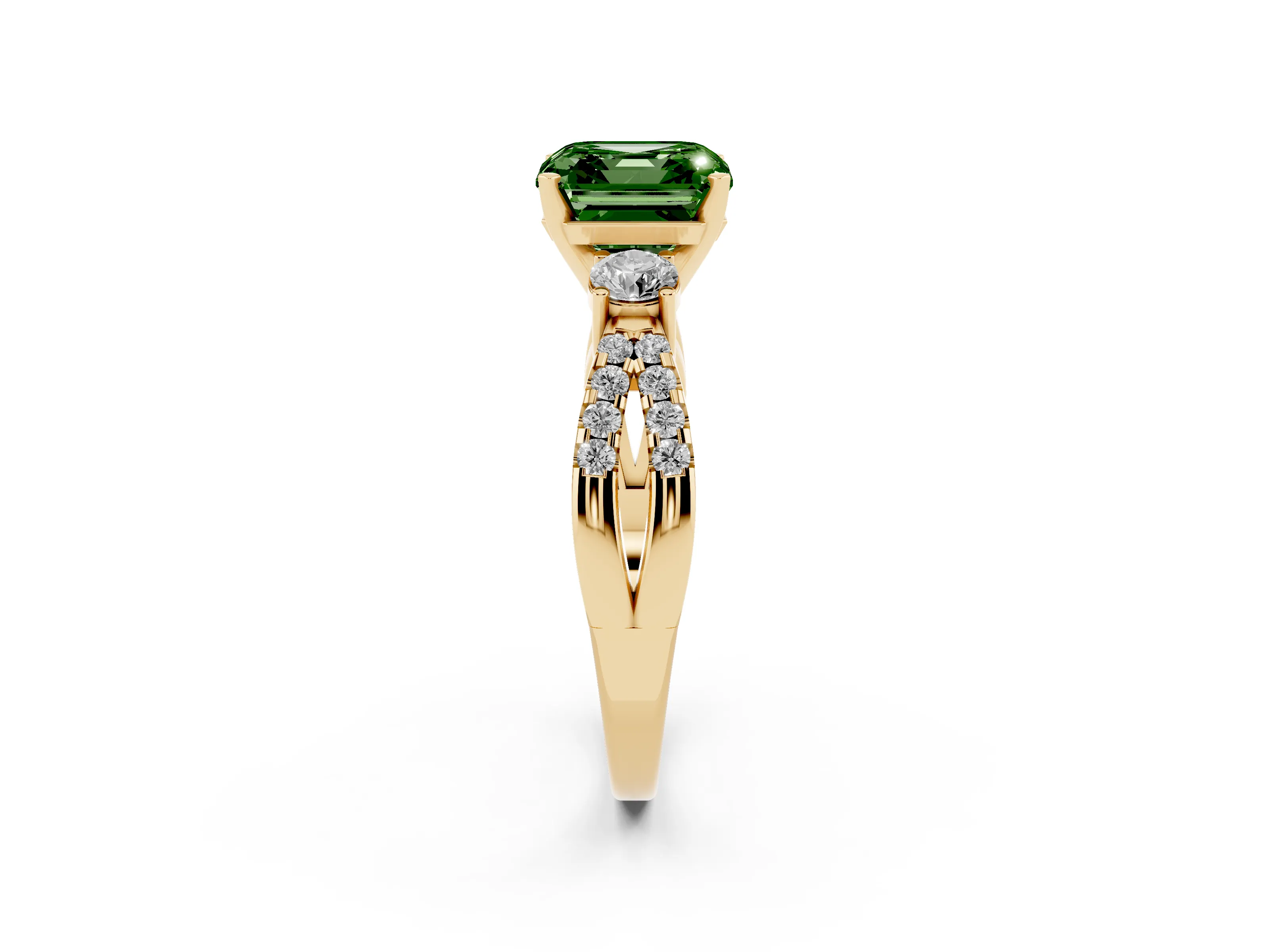 Fancy Green Asscher Cut Diamond Three-Stone Ring Set in Yellow gold with Pavé Split Shank and Prong Setting