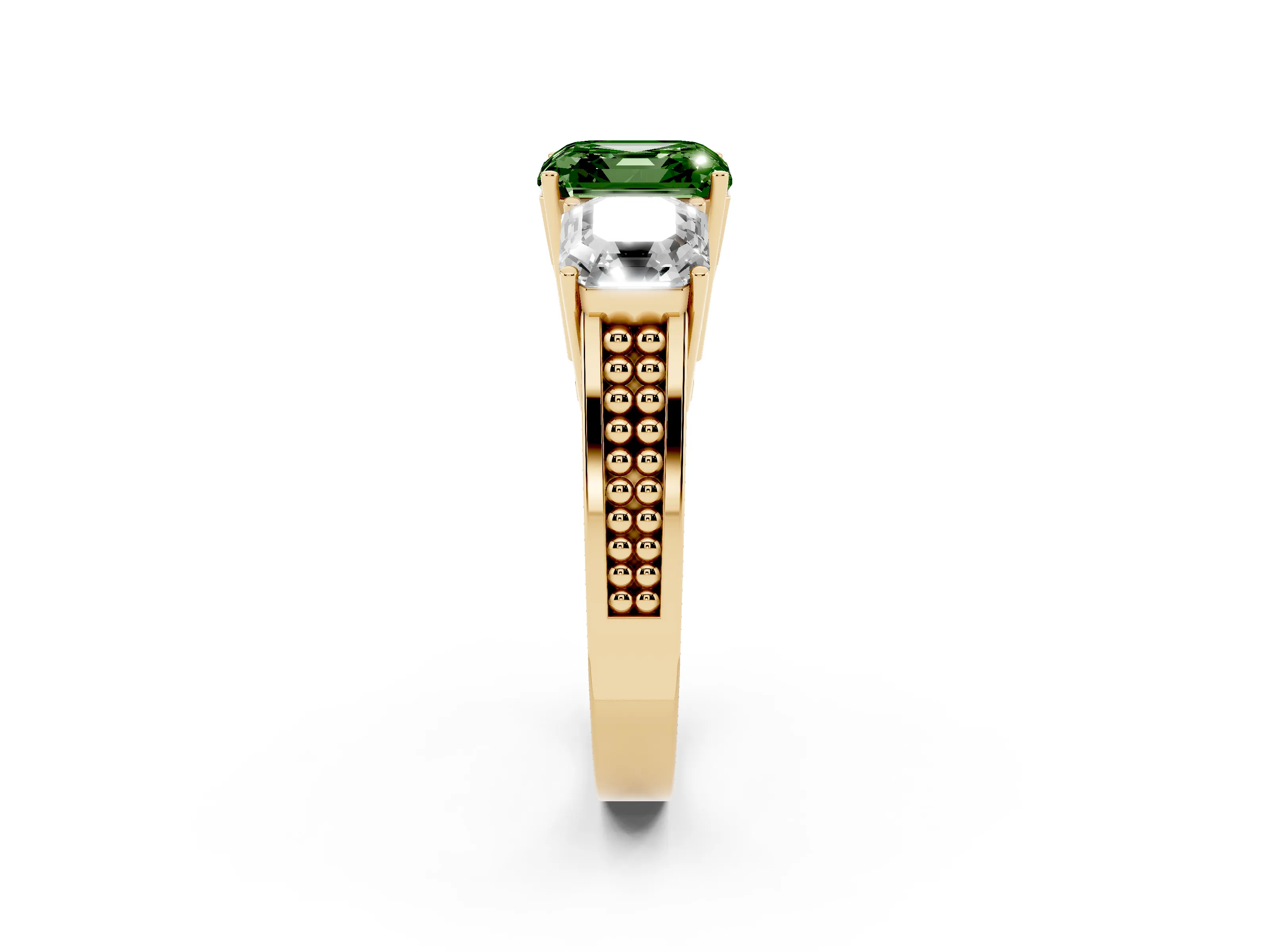 Fancy Green Asscher Cut Diamond Three-Stone Ring Set in Yellow gold with Textured Band