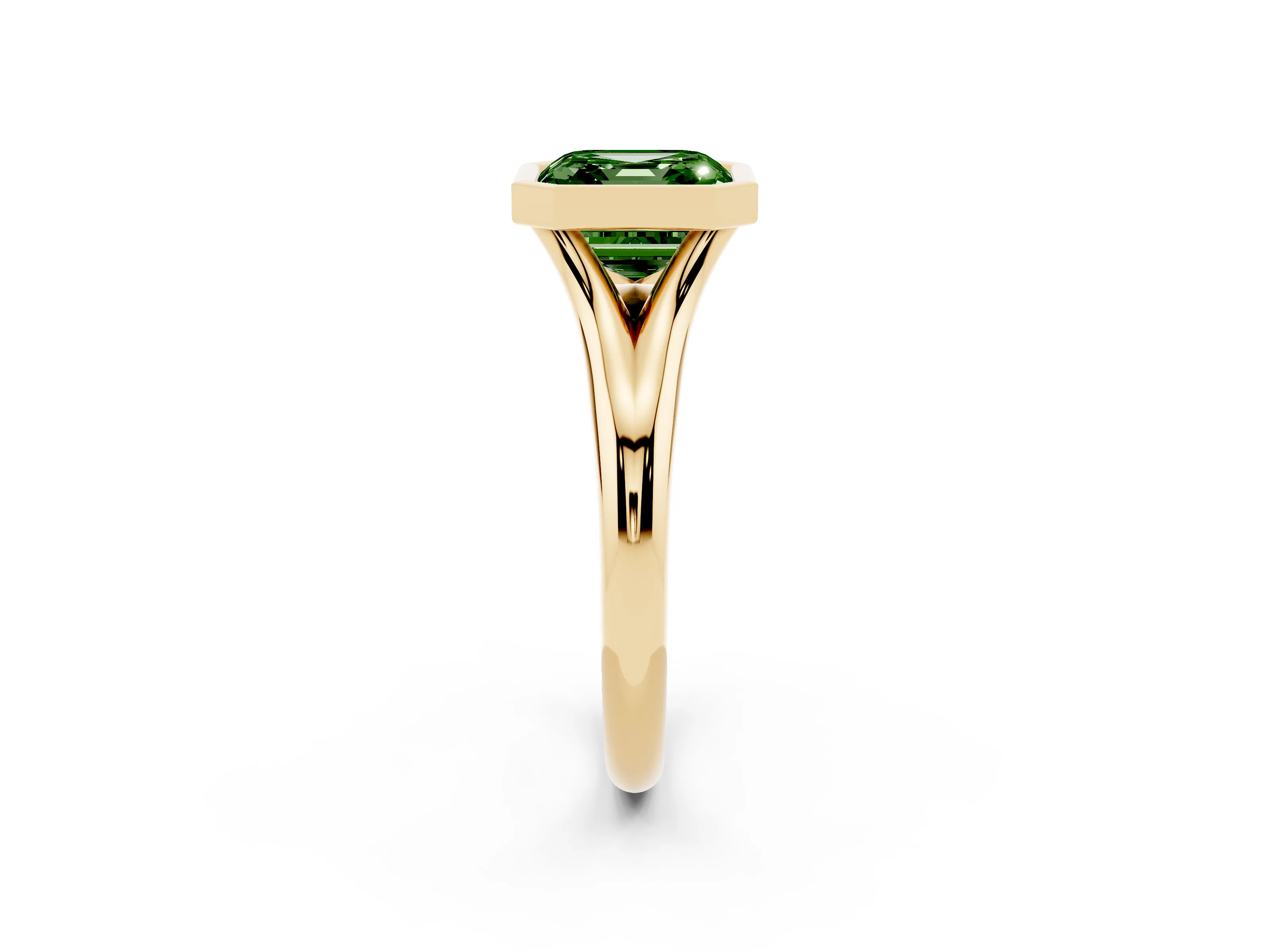 Fancy Green Bezel Set Asscher Cut Diamond Solitaire Ring Set in Yellow gold with Smooth Band