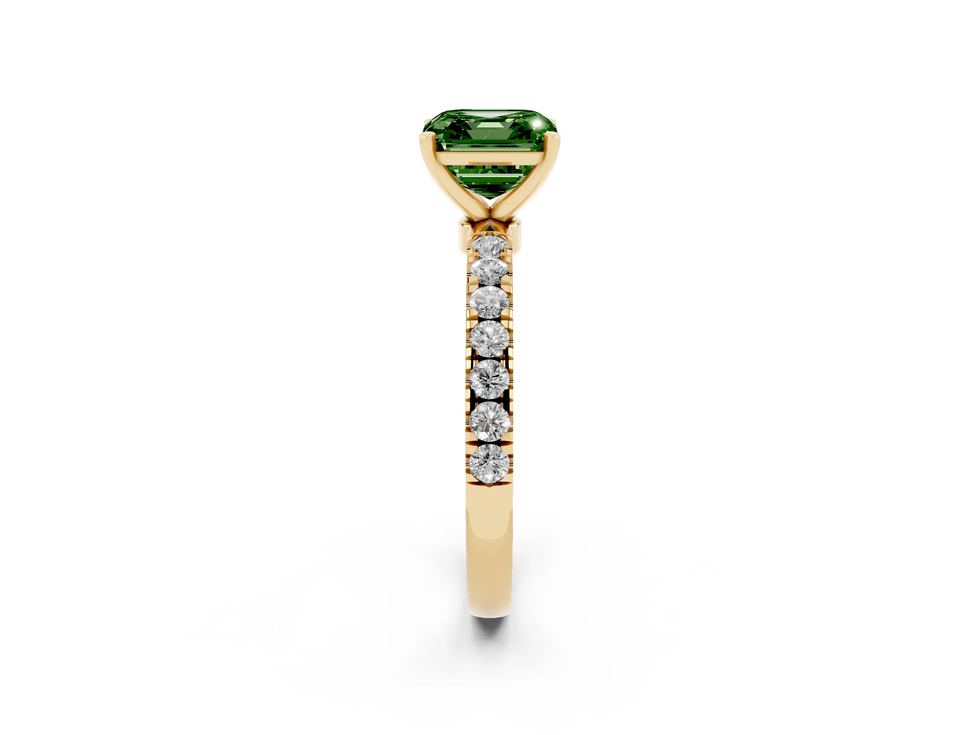 Fancy Green Asscher Cut Diamond Solitaire Ring Set in Yellow gold with Pavé Accents and Prong Setting