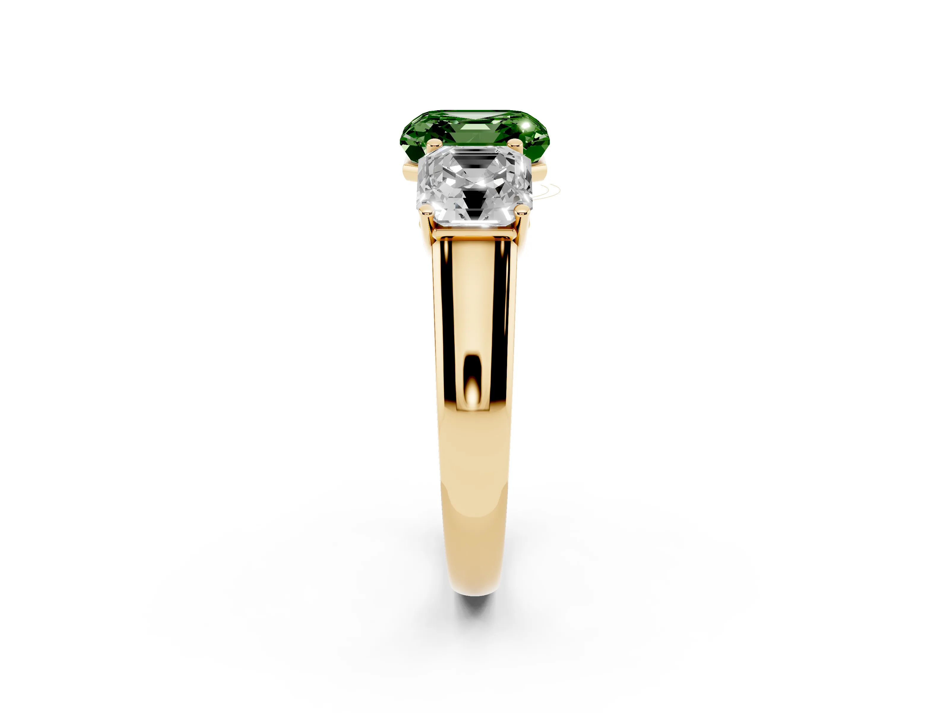 Fancy Green Asscher Cut Diamond Three-Stone Ring Set in Yellow gold with Plain Polished Band