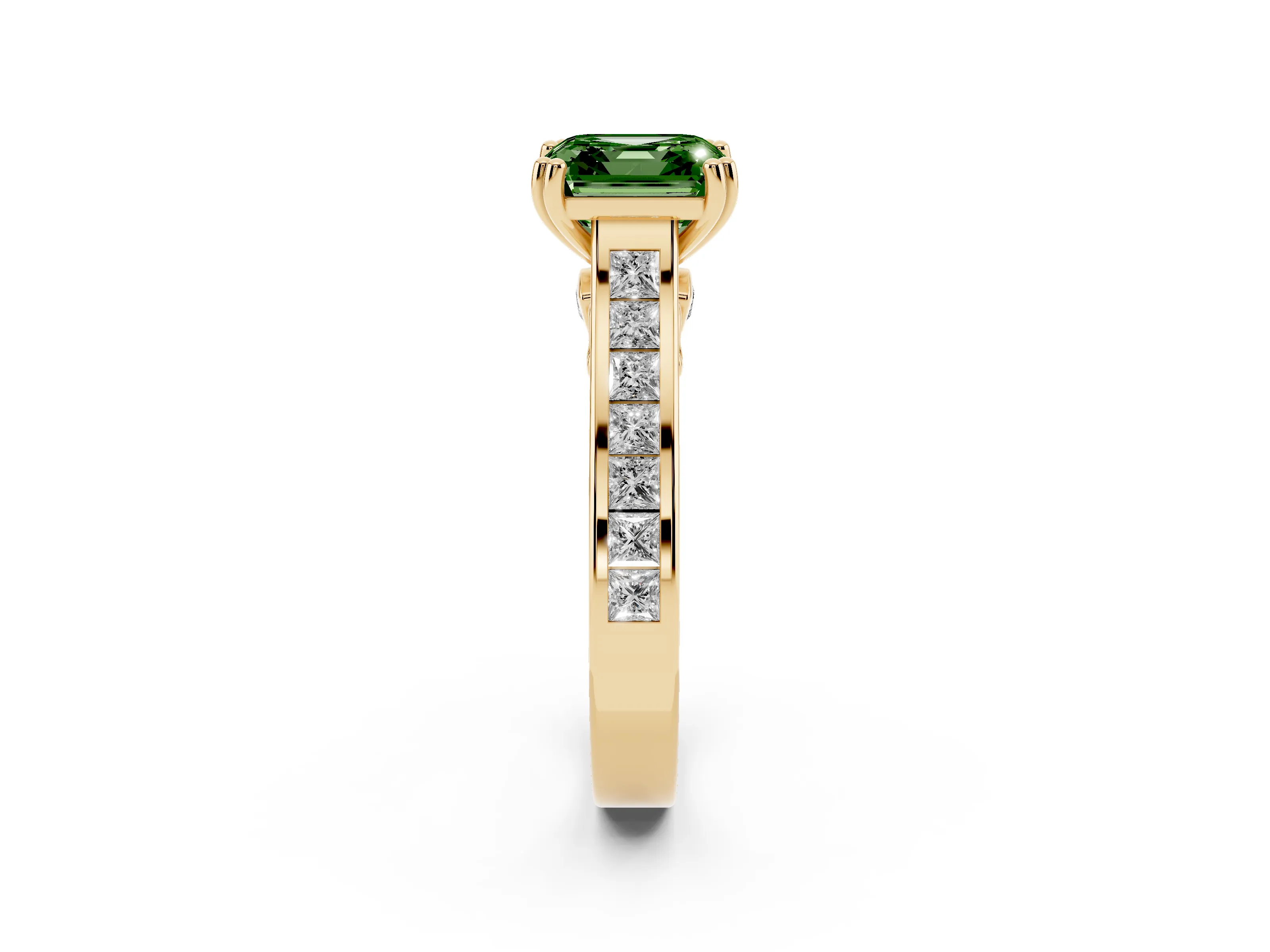 Fancy Green Asscher Cut Diamond Channel Set Solitaire Engagement Ring Set in Yellow gold with Prong Setting