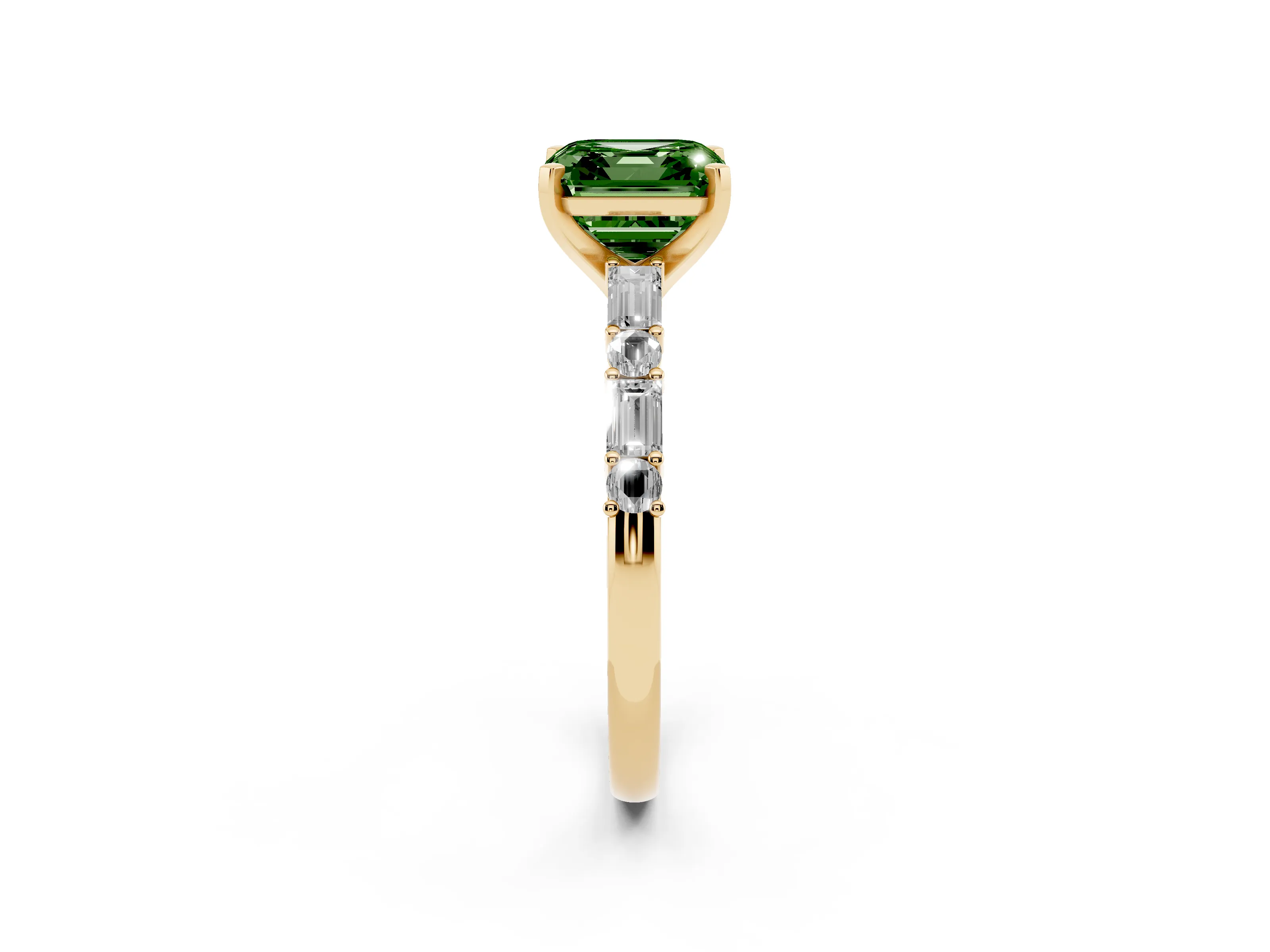 Fancy Green Asscher Cut Diamond Solitaire Set in Yellow gold with Side Baguettes and Channel Set Band