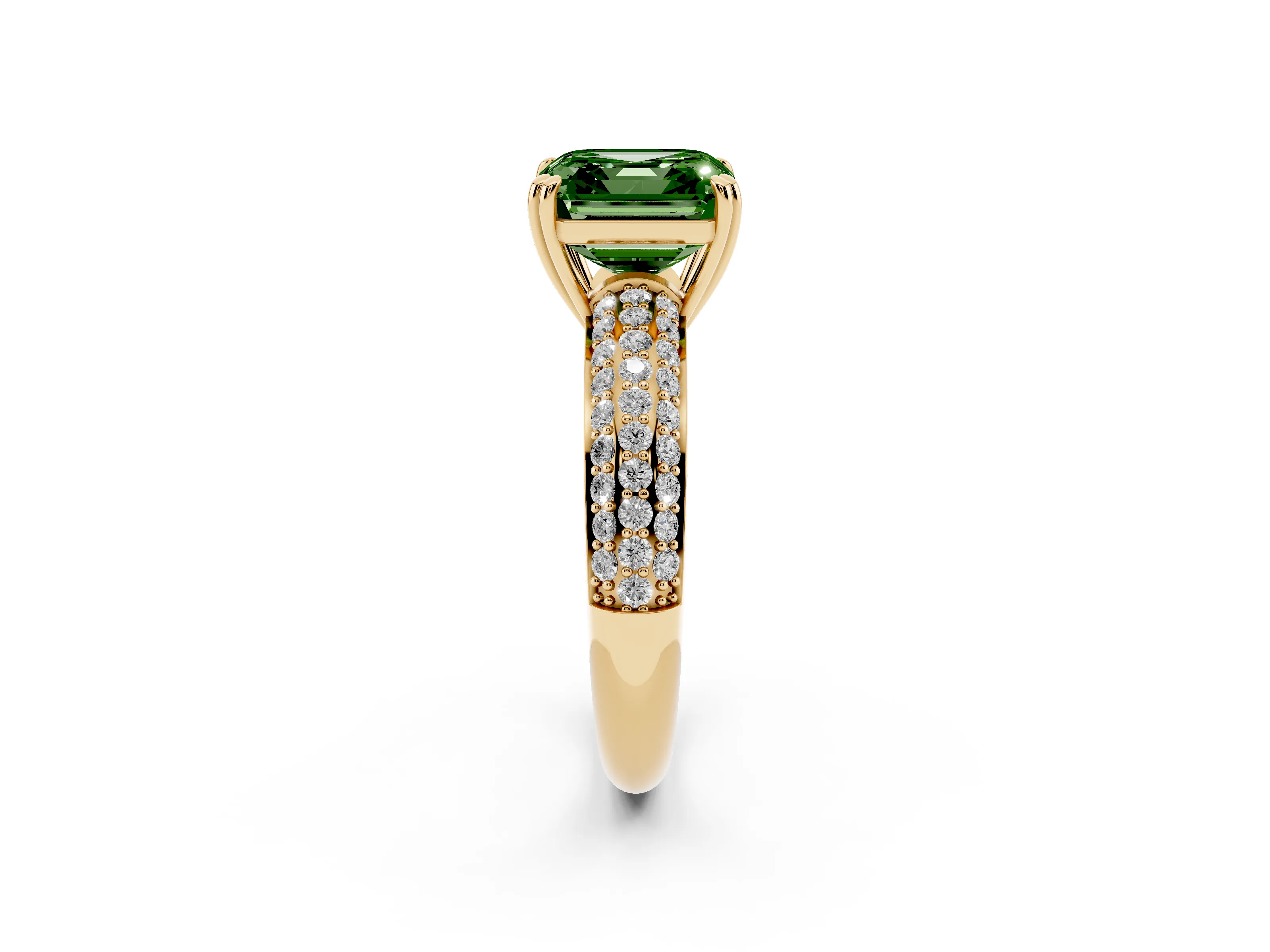 Fancy Green Asscher Cut Diamond Solitaire Ring Set in Yellow gold with Multi-Row Round Pavé Band and Prong Setting