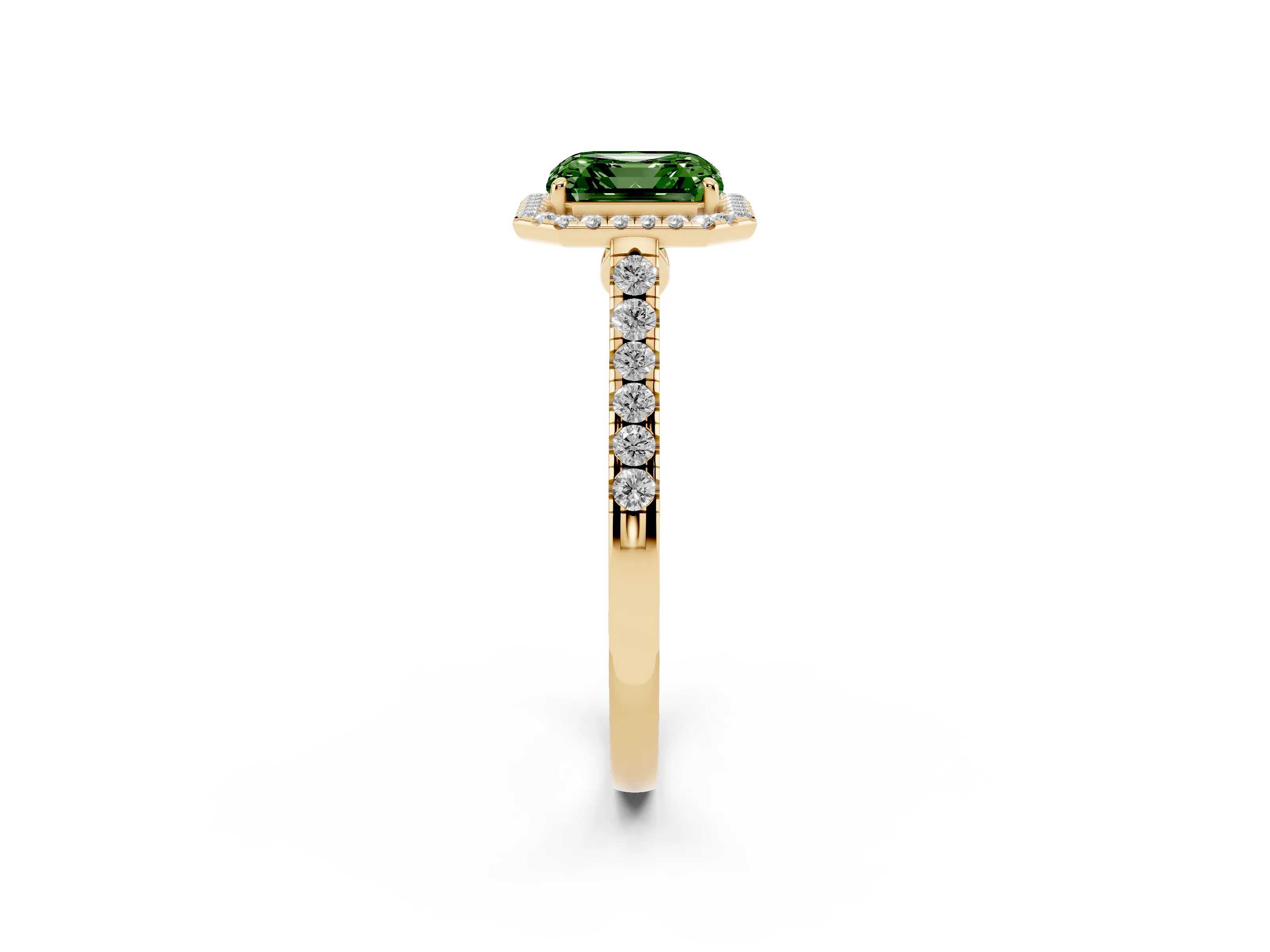 Fancy Green Asscher Cut Diamond Halo Pavé Engagement Ring Set in Yellow gold with Prong Setting