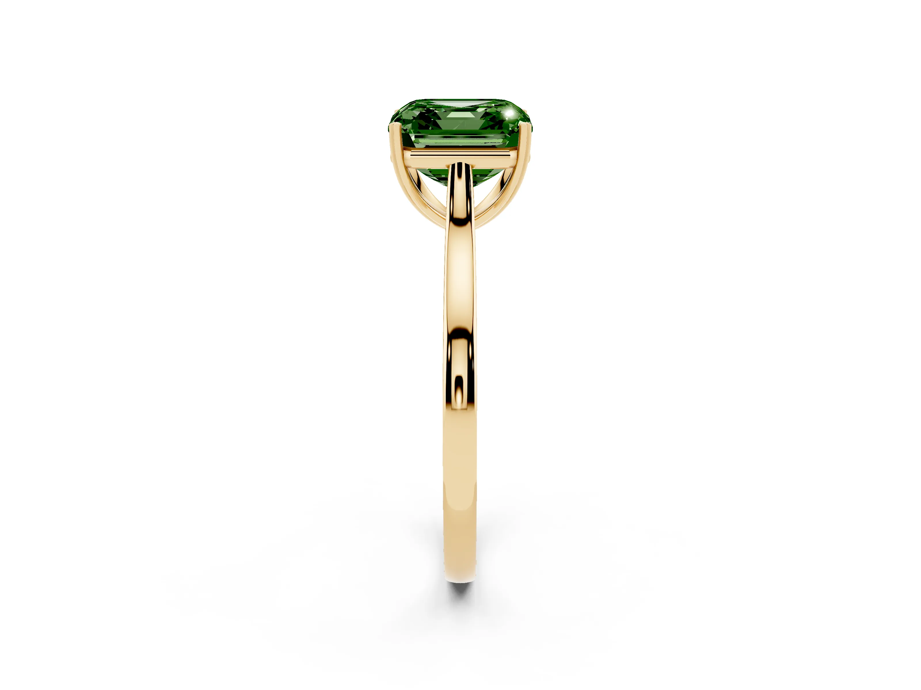 Fancy Green Asscher Cut Diamond Solitaire Heart Prong Engagement Ring Set in Yellow gold with Tapered Band