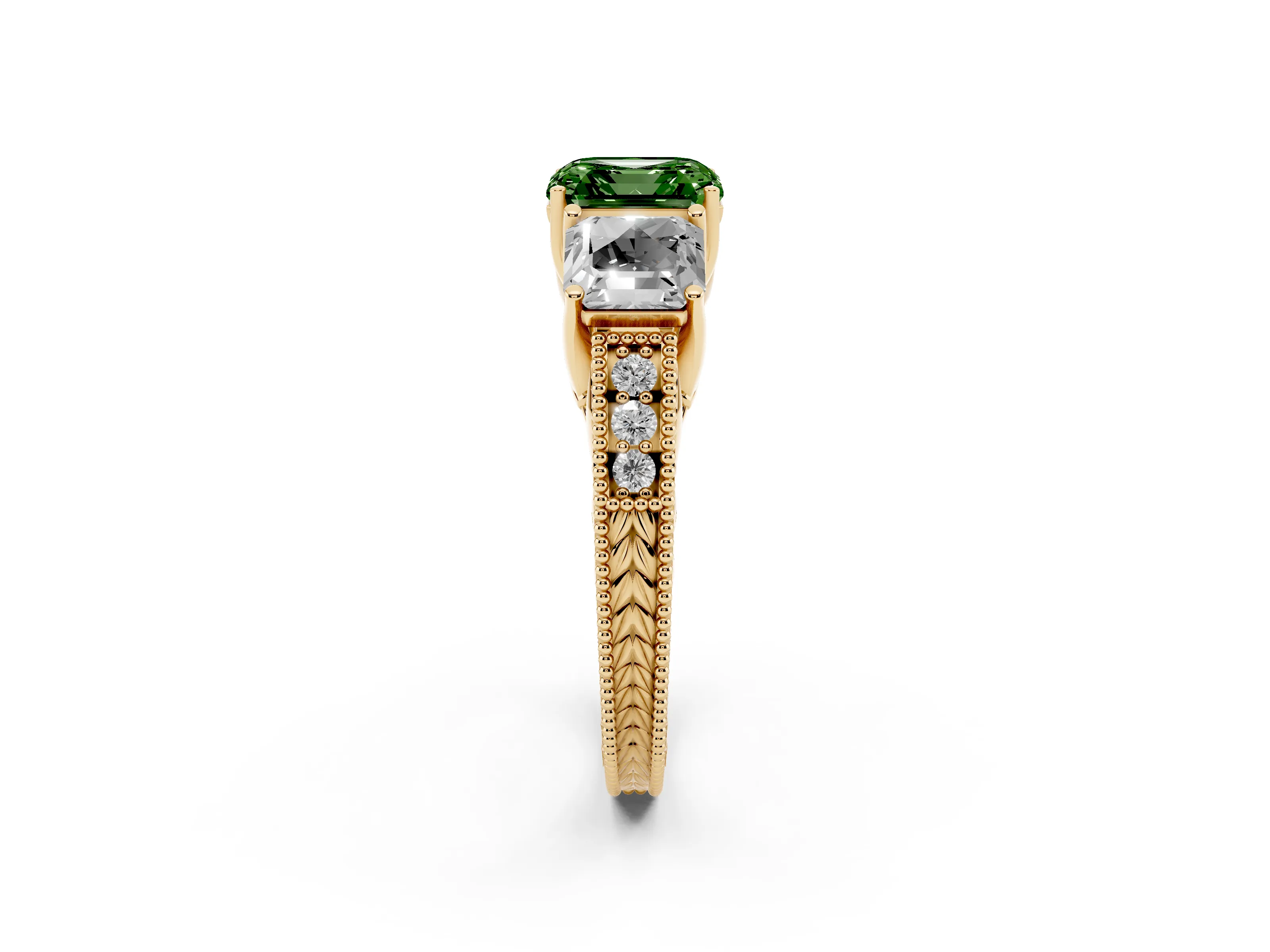 Fancy Green Asscher Cut Diamond Three-Stone Engagement Ring Set in Yellow gold with Milgrain Pavé Band