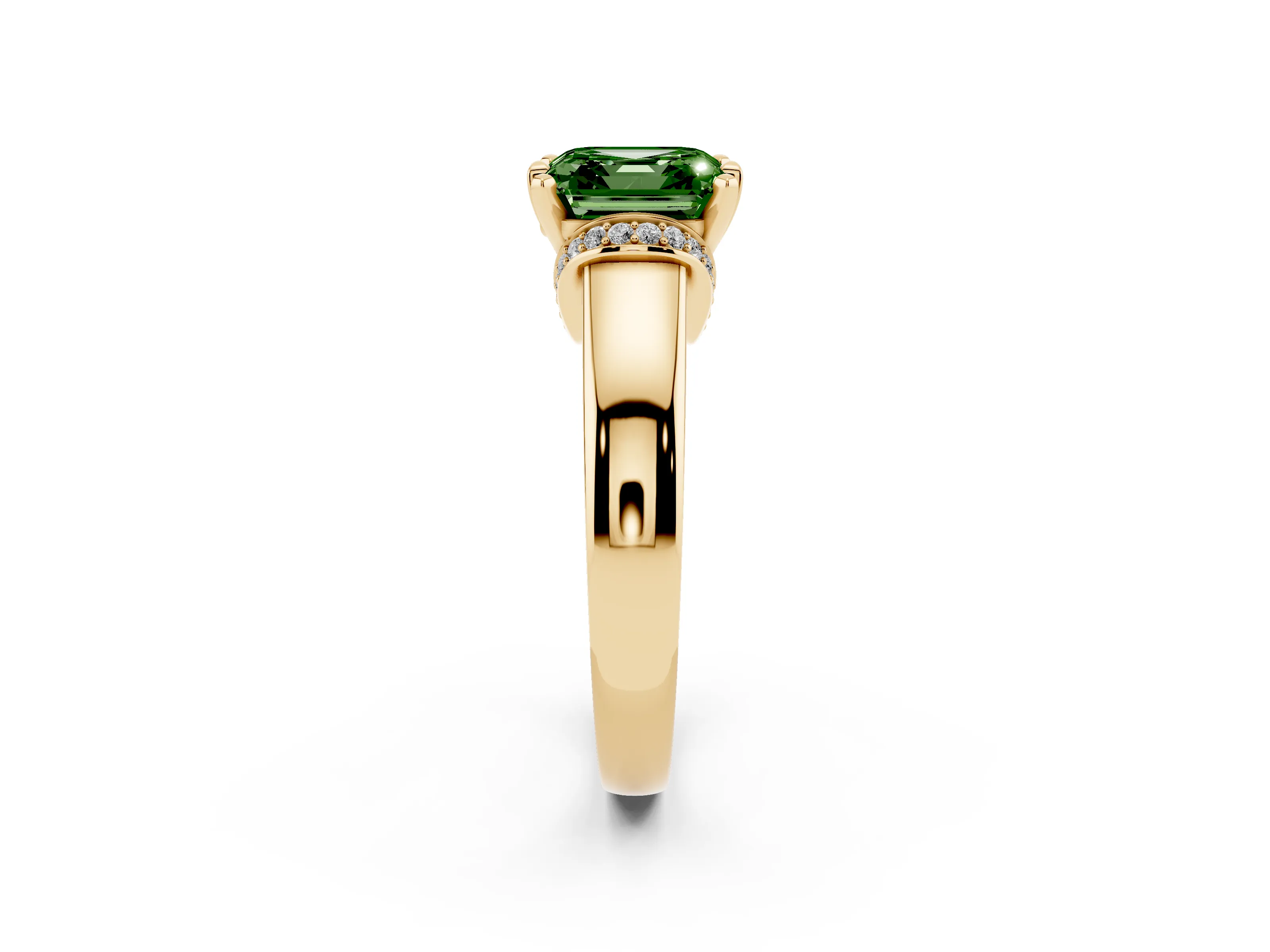Fancy Green Asscher Cut Diamond Pavé Band Solitaire Ring Set in Yellow gold with Prong Setting