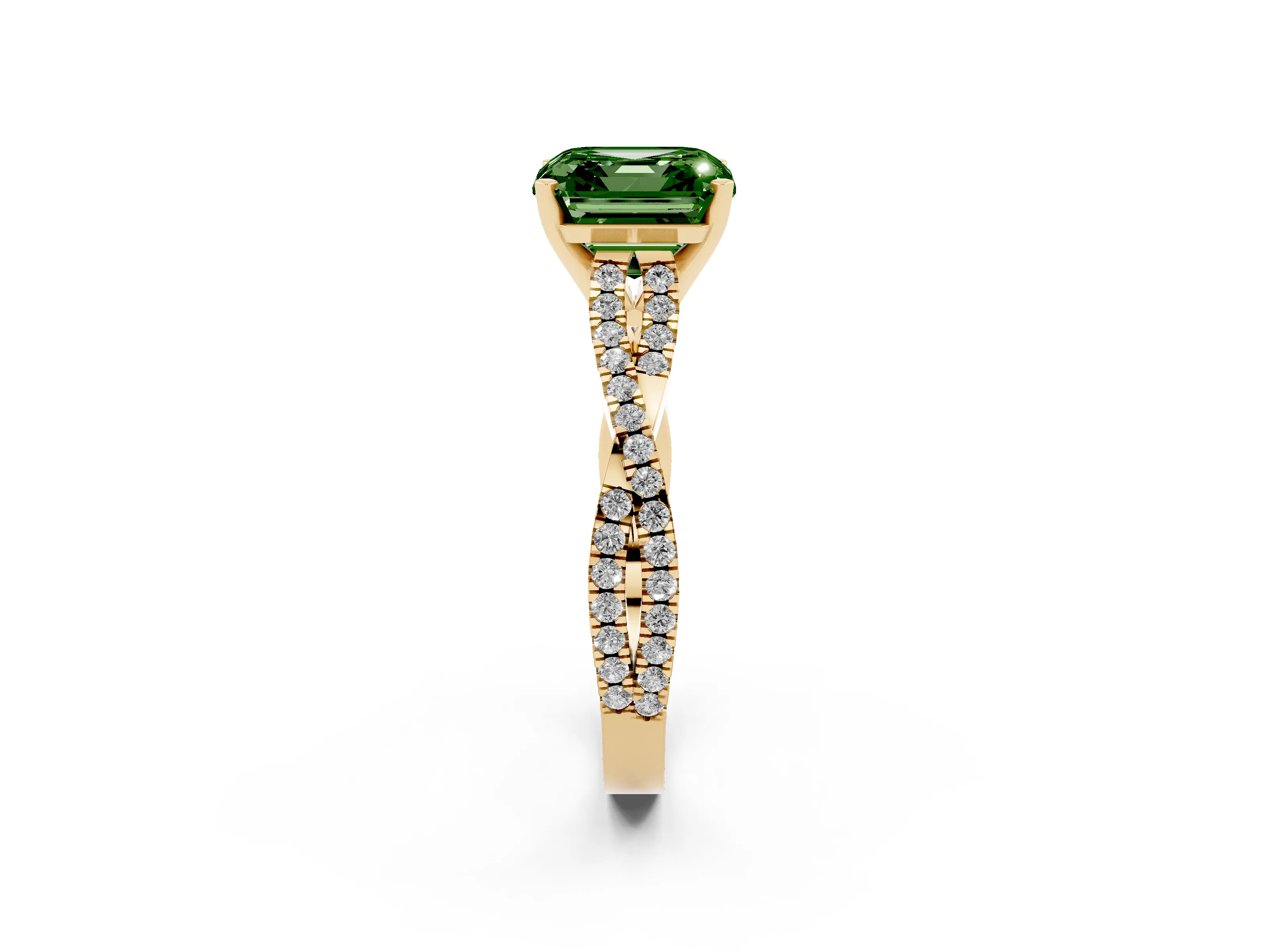 Fancy Green Asscher Cut Diamond Solitaire Engagement Ring Set in Yellow gold with Twisted Pavé Band and Prong Setting