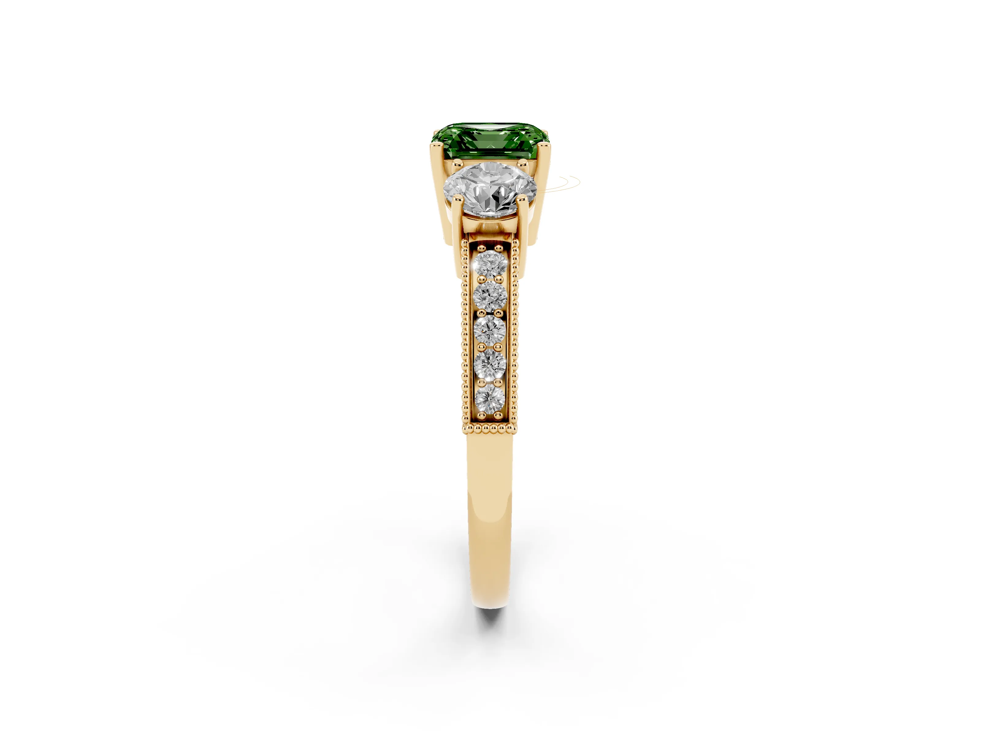 Fancy Green Asscher Cut Diamond Three-Stone Ring Set in Yellow gold with Round Side Stones and Pavé Band