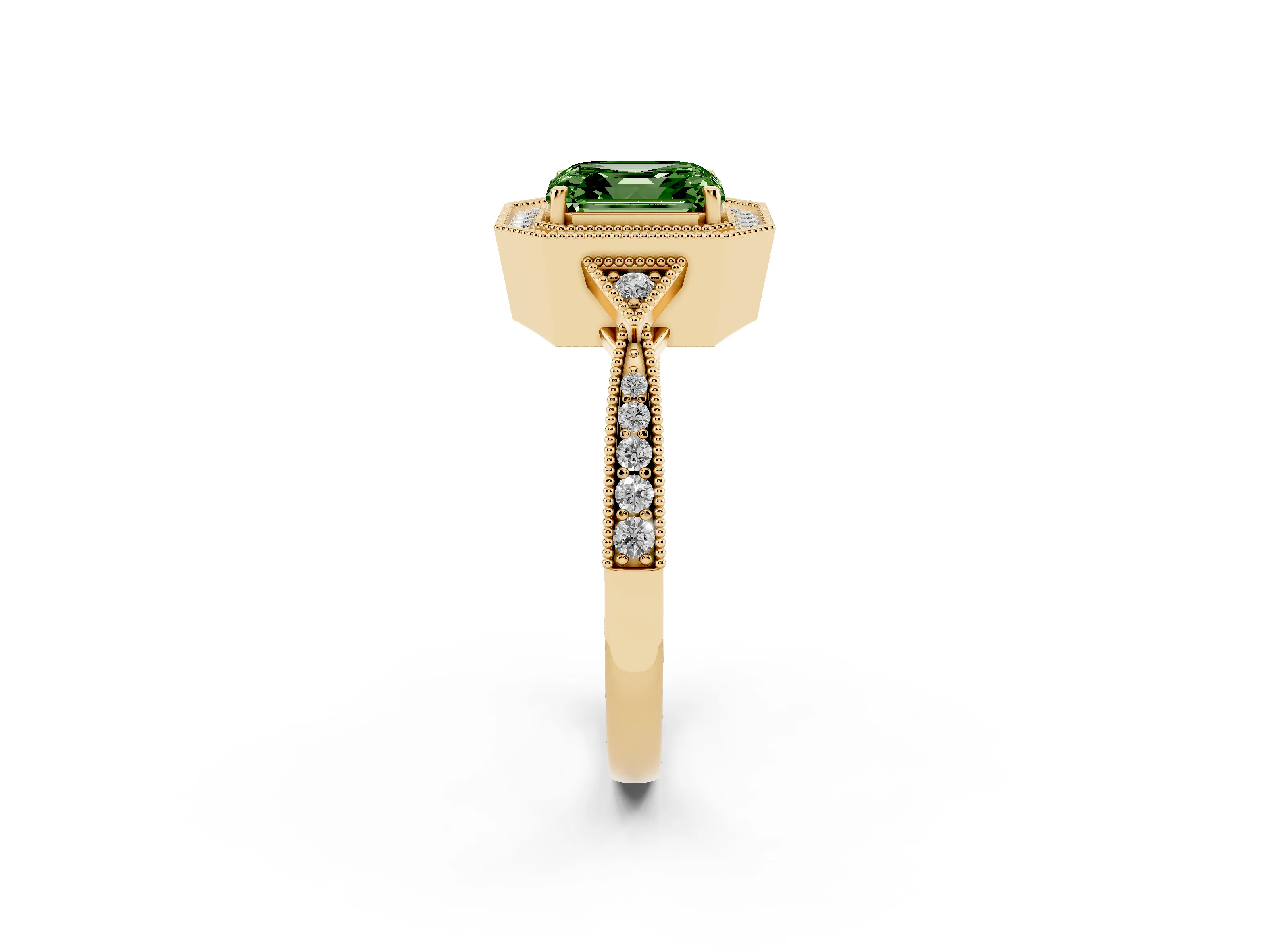 Fancy Green Asscher Cut Diamond Halo Engagement Ring Set in Yellow gold with Milgrain Pavé Band