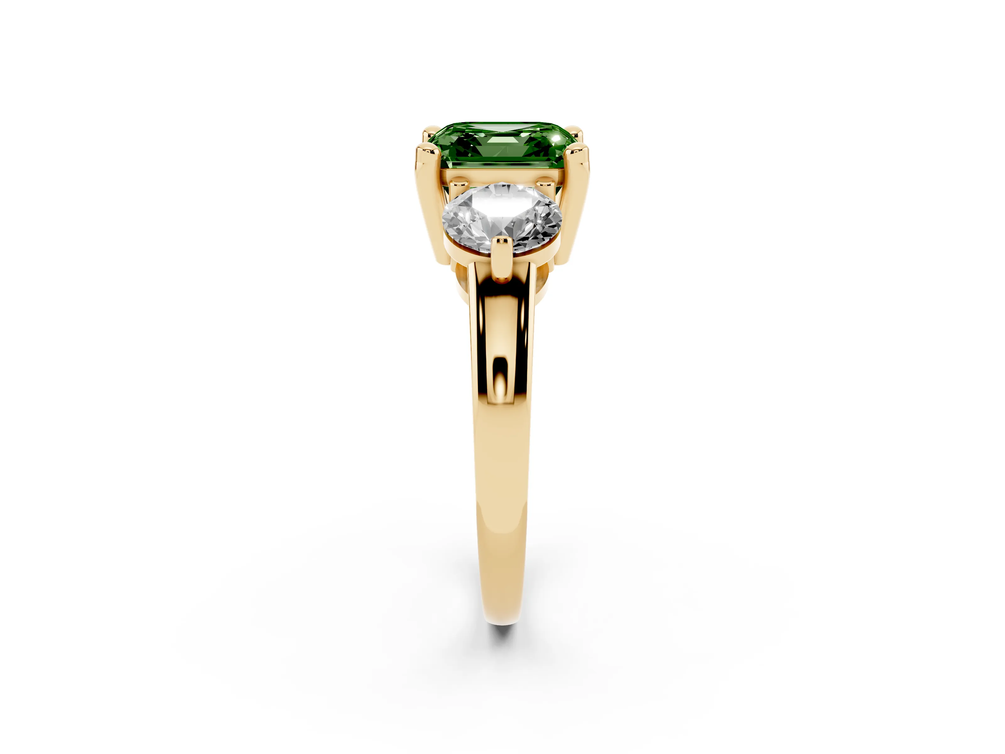 Fancy Green Asscher Cut Diamond Three-Stone Ring Set in Yellow gold with Prong Setting and Classic Band