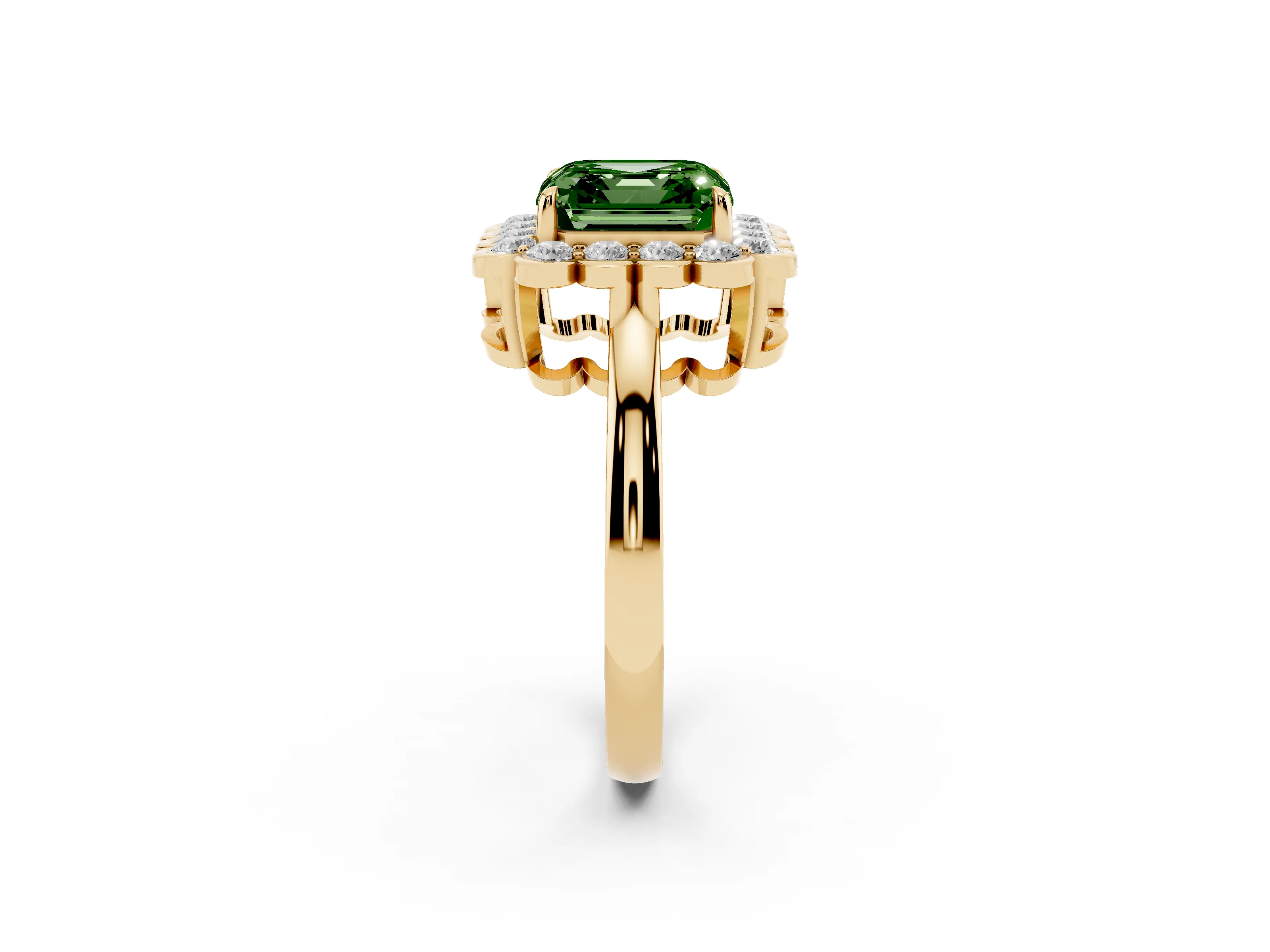 Fancy Green Asscher Cut Diamond Halo Cluster Engagement Ring Set in Yellow gold with Solitaire Band and Prong Setting